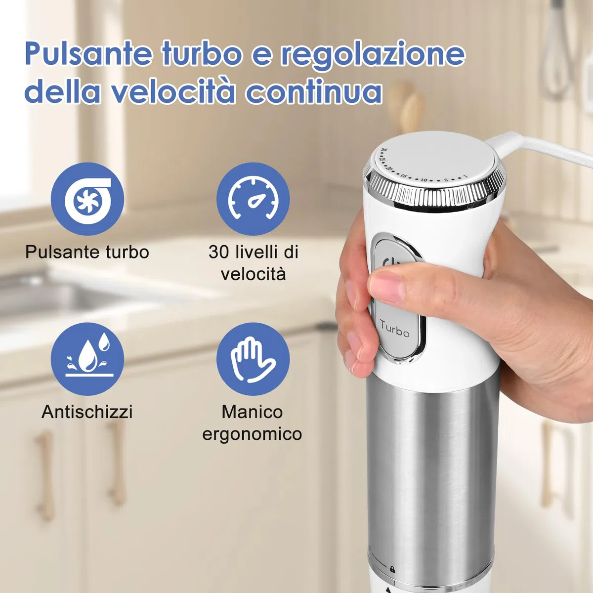 Frullatore a Immersione Multifunzione 4 in 1, 1000 W minipimer professionale,con 30 Velocità e Modalità Turbo, con Frusta, Antispruzzo Design,Tritatutto da 500 ml e Misurino da 600 ml