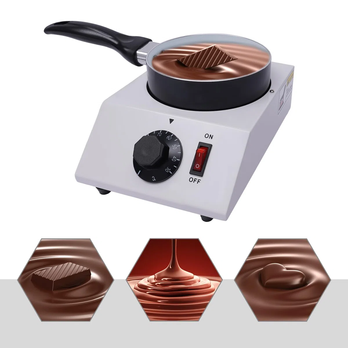 Fungitore elettrico di cioccolato, 40 W, per fusione di cioccolato, termosifone e top antiaderente per la cottura della busta