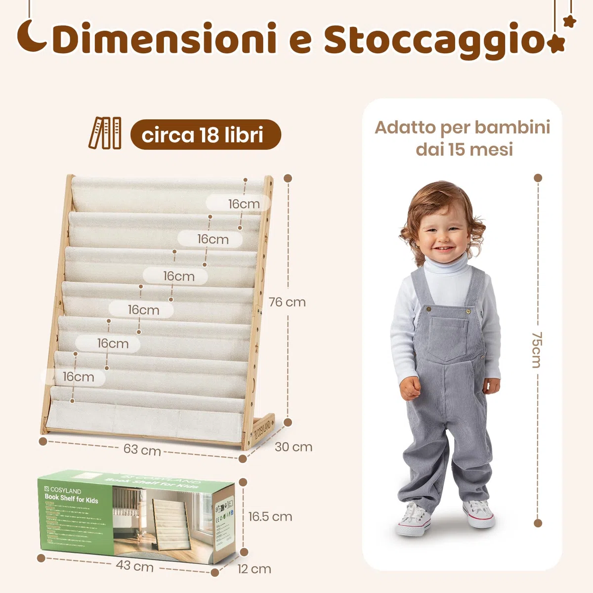 COSYLAND Libreria Montessori per Bambini Con 6 Scomparti in Tessuto Oxford - Libreria per Bambini in Legno Naturale - Libreria Montessori Con Bordi Arrotondati e Design Spazio-Saving(Naturale)