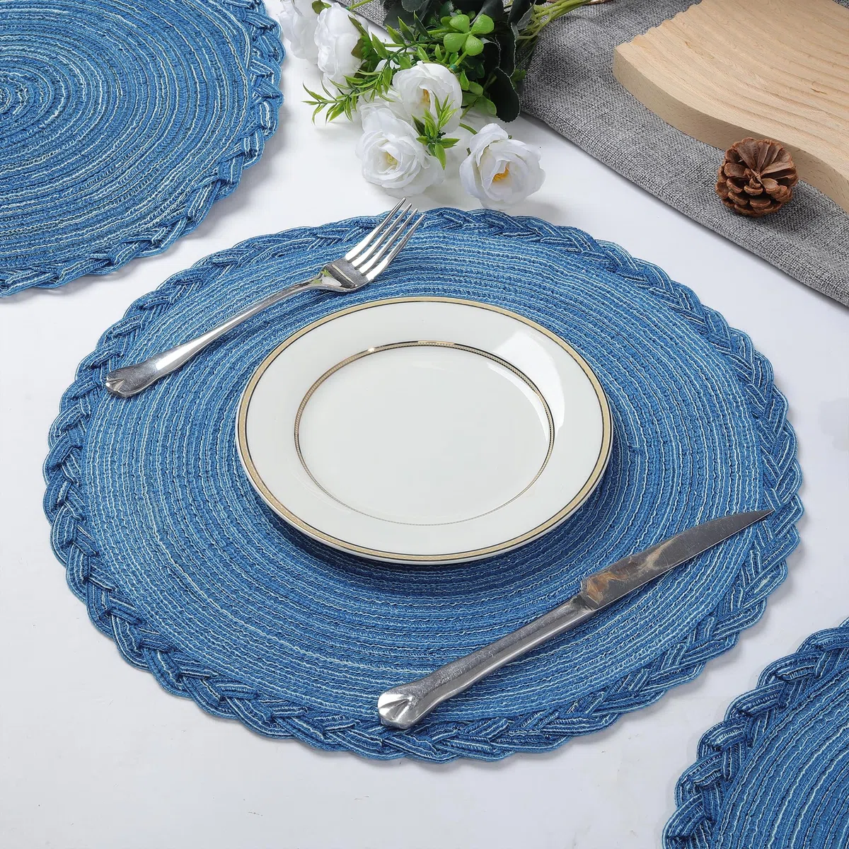 fanquare Set di 8 Tovagliette Rotonde Intrecciate Resistenti al Calore per la Tavola da Cucina 38 cm Tovagliette Rotonde Lavabili Blu