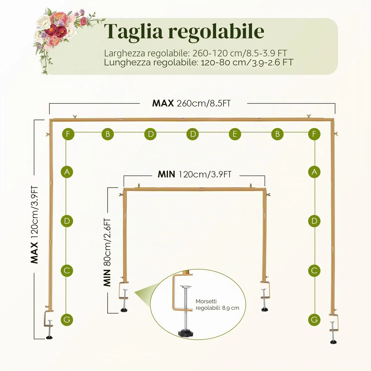 Arco da Tavolo Regolabile, Kit Quadrato con Arco per Palloncino da 120 a 260 cm, Supporto per Binario da Tavolo per Natale, Matrimonio, Compleanno, Decorazione per Feste, Decorazione per Anniversario