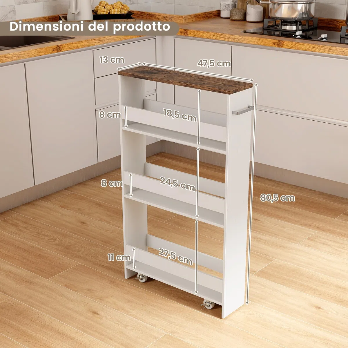 COSTWAY Carrello Portaoggetti a 4 Ripiani, Carrello da Cucina con Maniglia Laterale e Ruote, Carrellino Scorrevole Salvaspazio Slim e Sottile (Marrone+Bianco, 13 cm)