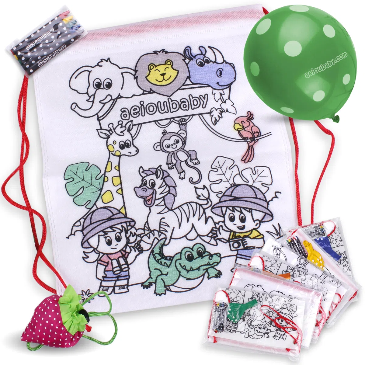 aeioubaby.com 25 Zainetti da Colorare + Borsa Riutilizzabile | 25 Bustine singole con 5 Colori a Cera e un Palloncino | Regalo per bambini per le feste e i compleanni (Animali)
