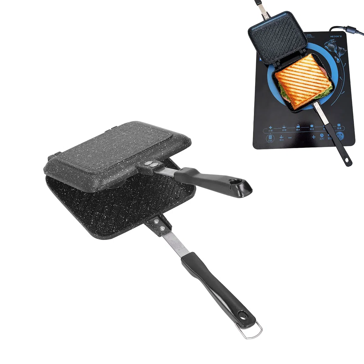 Doppia Padella, fornello da campeggio per tostapane, teglia da forno con rivestimento antiaderente con manici resistenti al calore per cuochi casalinghi, colazione, interni ed estern