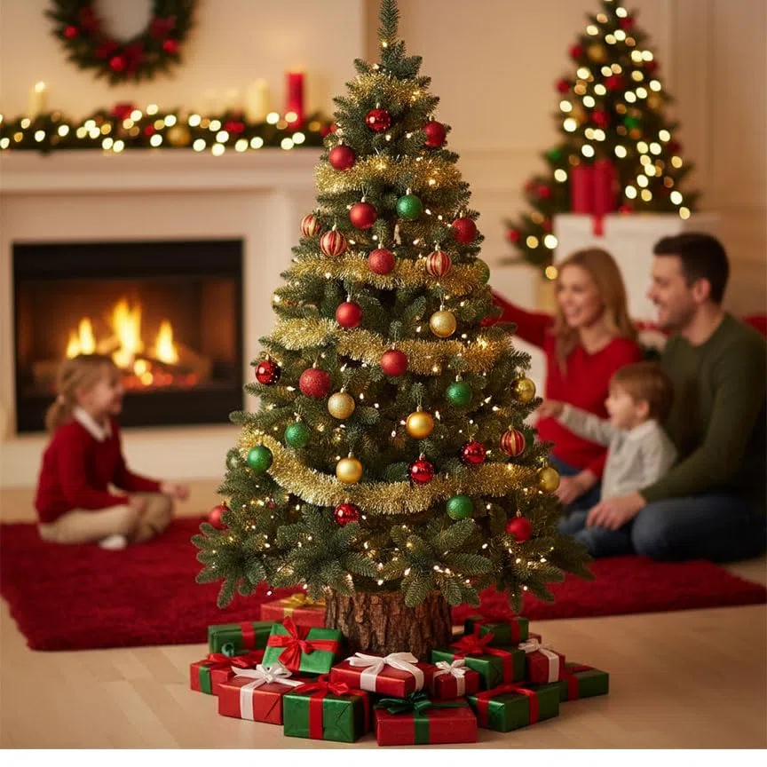 Base per Albero di Natale in Resina, Supporto Albero Effetto Tronco Reale, Base Robusta e Stabile con Attacco Universale 35 mm, Altezza 34 cm, Ideale per Alberi Artificiali 32x26x34 cm