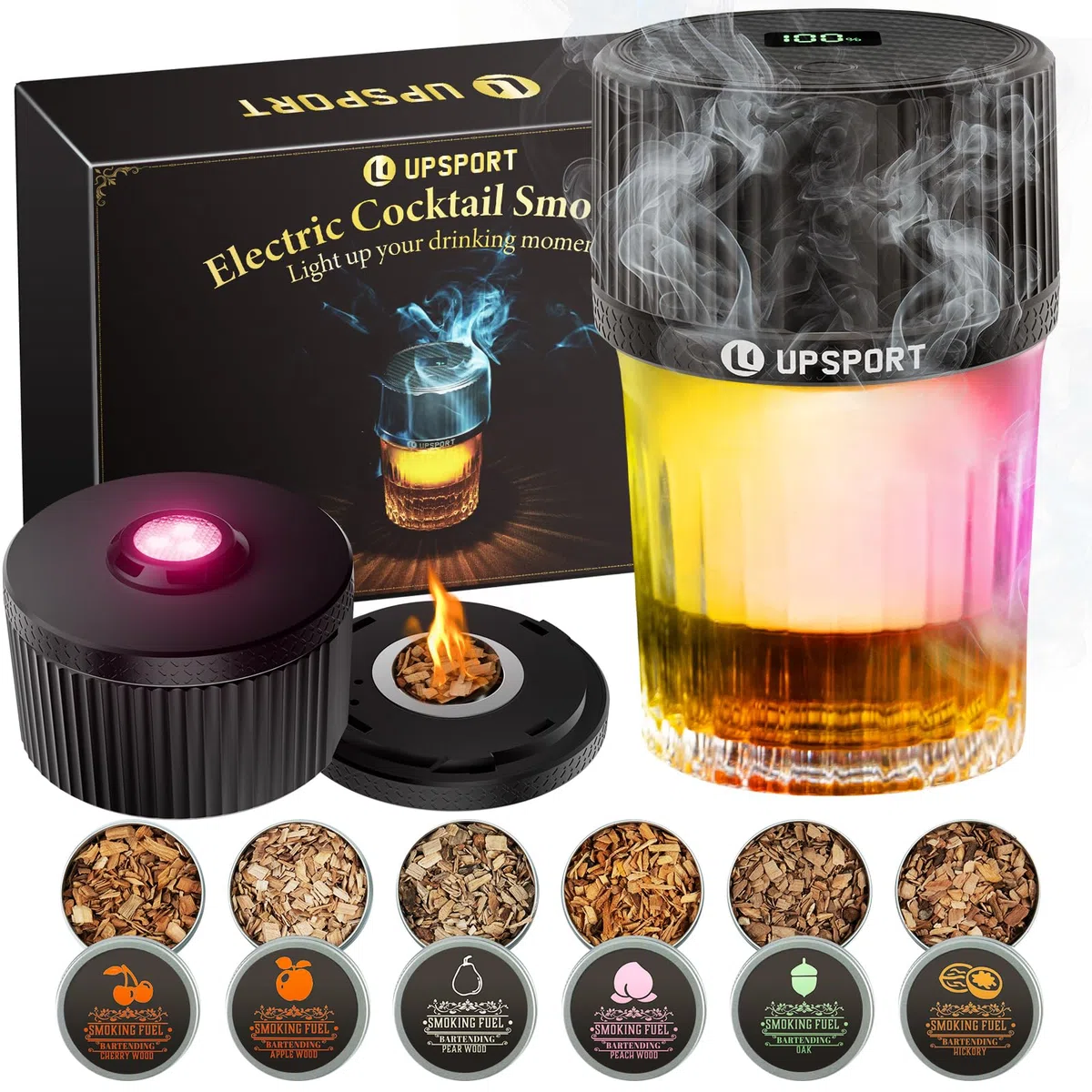 Kit affumicatore elettrico per whisky con 4 modalità di illuminazione, affumicatore per cocktail ricaricabile, 6 trucioli di legno, non richiede butano, regali di Natale/compleanno per uomini