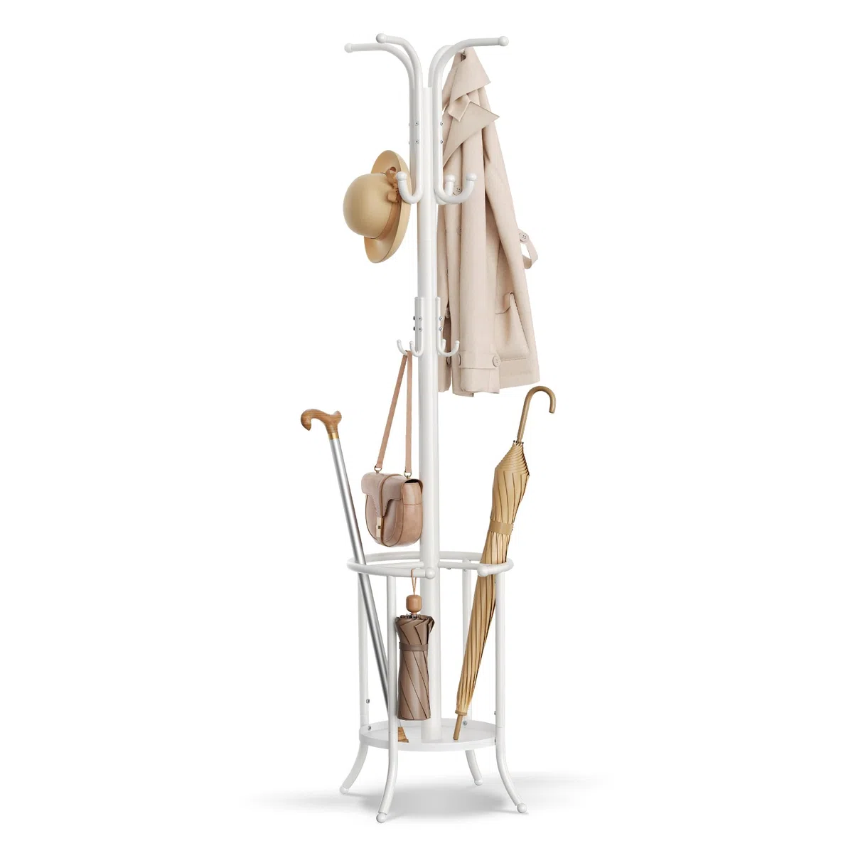 SONGMICS Appendiabiti da Terra, Attaccapanni con Portaombrelli, 12 Ganci, Struttura in Metallo, Alto 175 cm, per Ingresso Entrata Soggiorno Camera da Letto, Bianco Perla RCR011W01