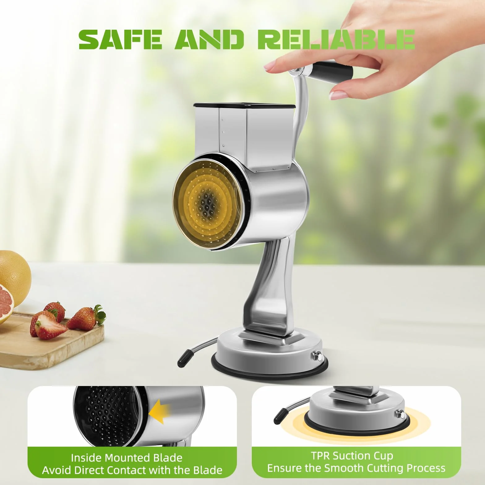 Grattugia rotante, grattugia a mano, 5 lame in acciaio inox, grattugia per formaggio con manovella, in acciaio inox 430, ventosa per frutta, verdura, noci, cioccolato, sicuro e pratico