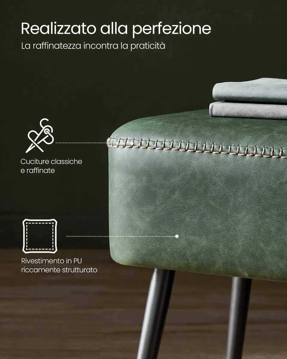 VASAGLE EKHO Collezione - Panca da Ingresso Camera da Letto, PU con Cuciture, Gambe in Acciaio, Soggiorno Sala da Pranzo, Moderno di Metà Secolo, Portata di 300 kg, Verde Foresta LOM076C01