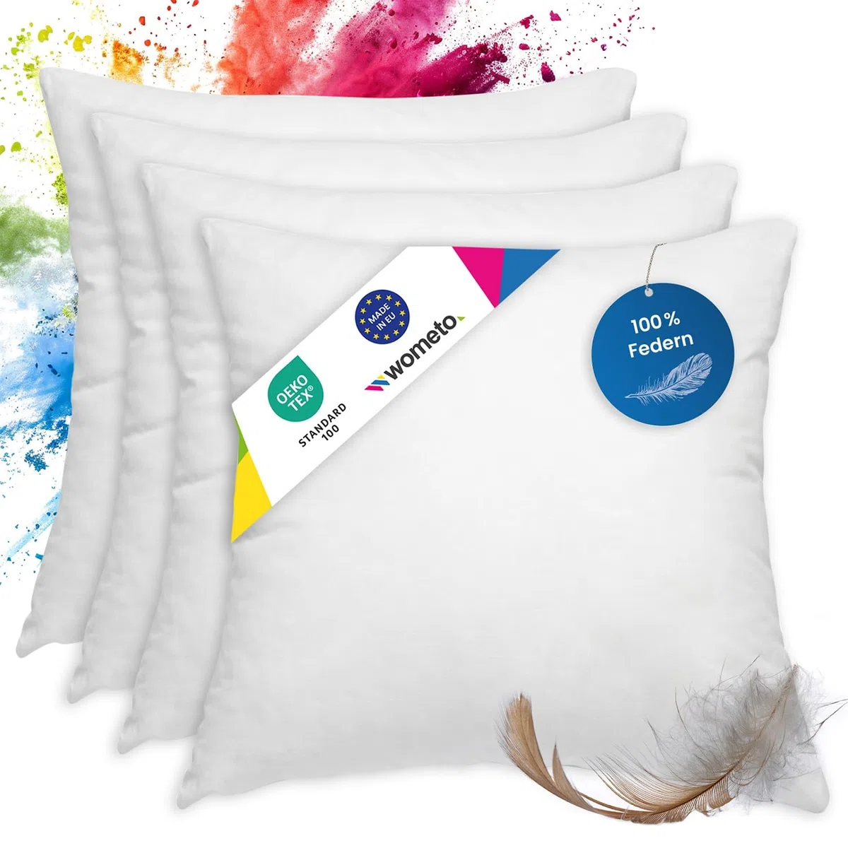 wometo Oeko-TEX, set di 4 cuscini in piuma, 100% piume, 50 x 50 – 600 g, in cotone, colore bianco e bianco