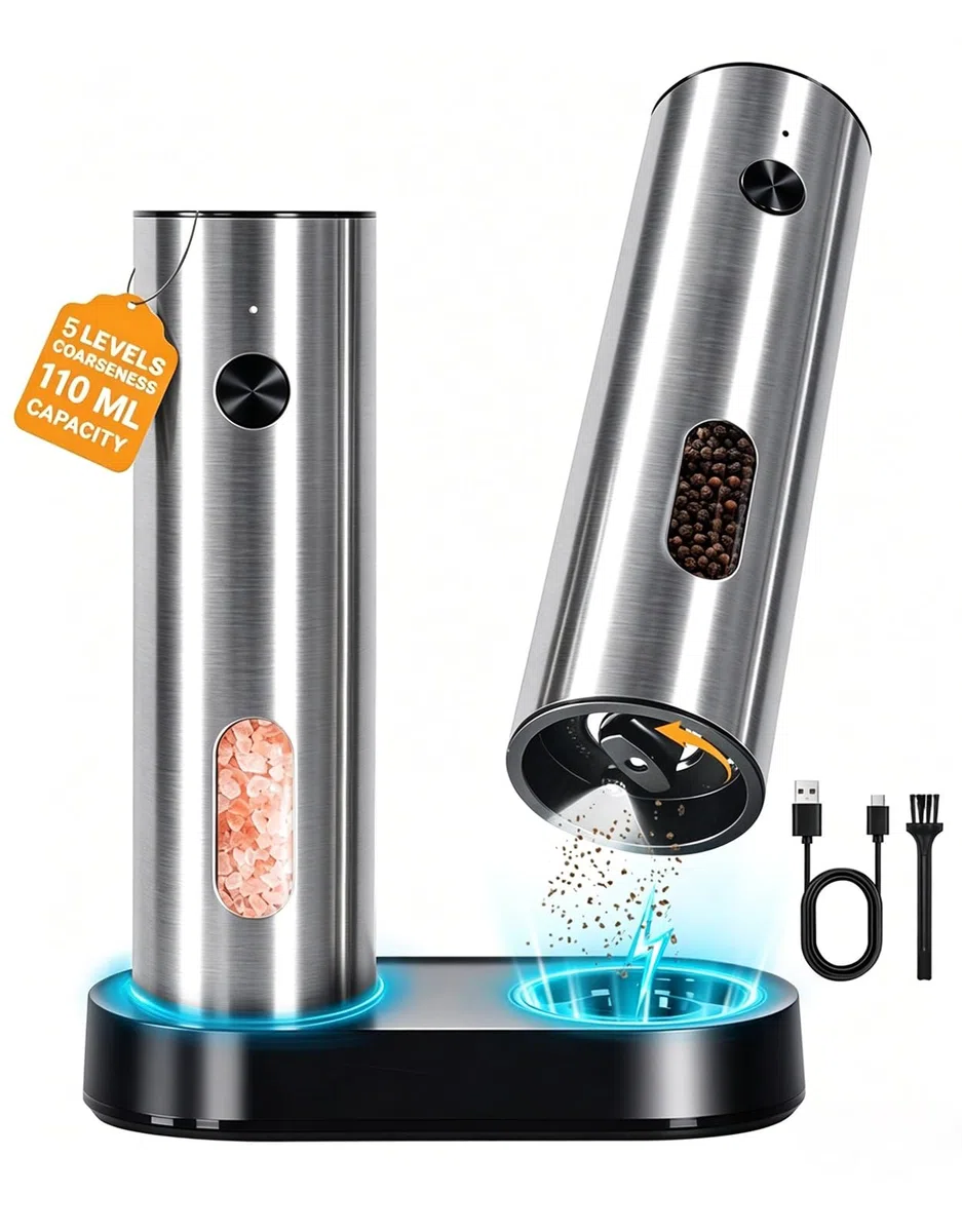 Molino Eléctrico Sal y Pimienta Recargable Set de 2 Piezas 110 ml Base de Carga USB-C Luz LED Grado de Molienda Ajustable Automático Ideal Regalo Cocina y Hogar