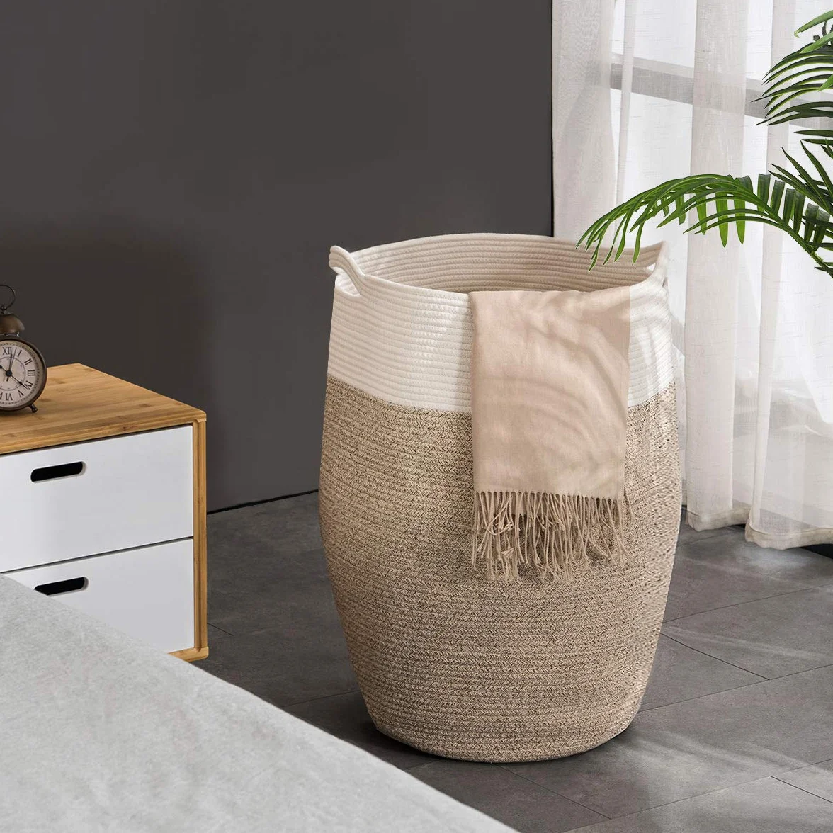 YOUDENOVA Cesto Portabiancheria Portaoggetti Intrecciato 105 L Stoccaggio Cestino Tessuto Pieghevole Grande Organizzatore di Corda di Cotone Biancheria da Bagno Lavanderia con Manico Marrone