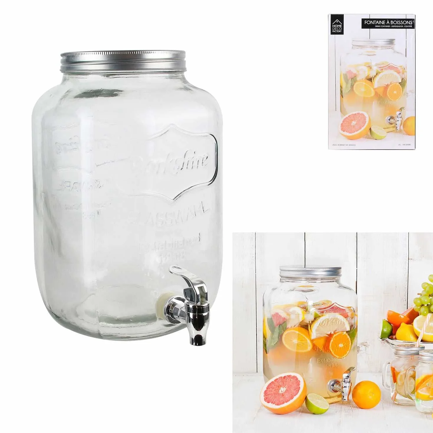 HOME DECO FACTORY Fontana per Bevande in Vetro, 8 L, Trasparente