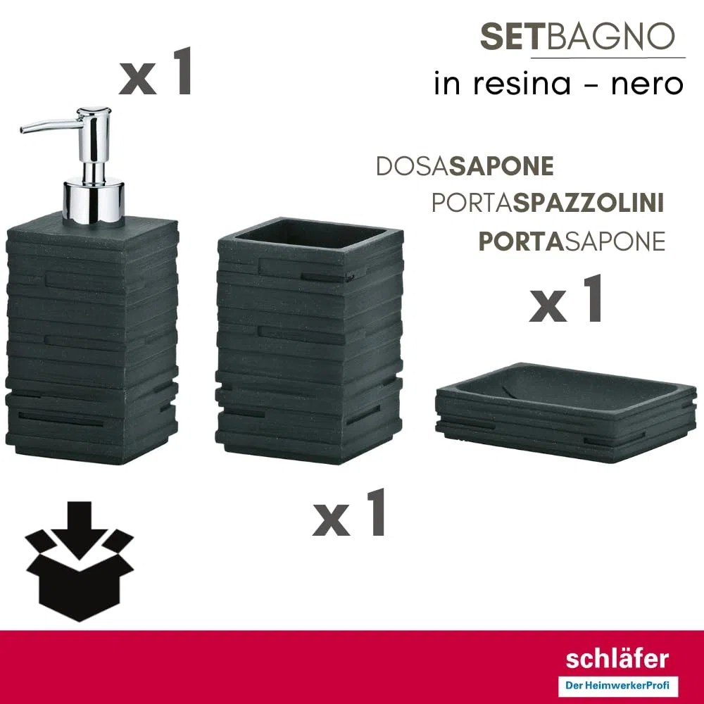 Schläfer 285100 | Set Bagno con Dispenser Portasapone, Portaspazzolino e Portasaponetta, Accessori in Resina Effetto Pietra Naturale Grigio Antracite, 3 Pezzi