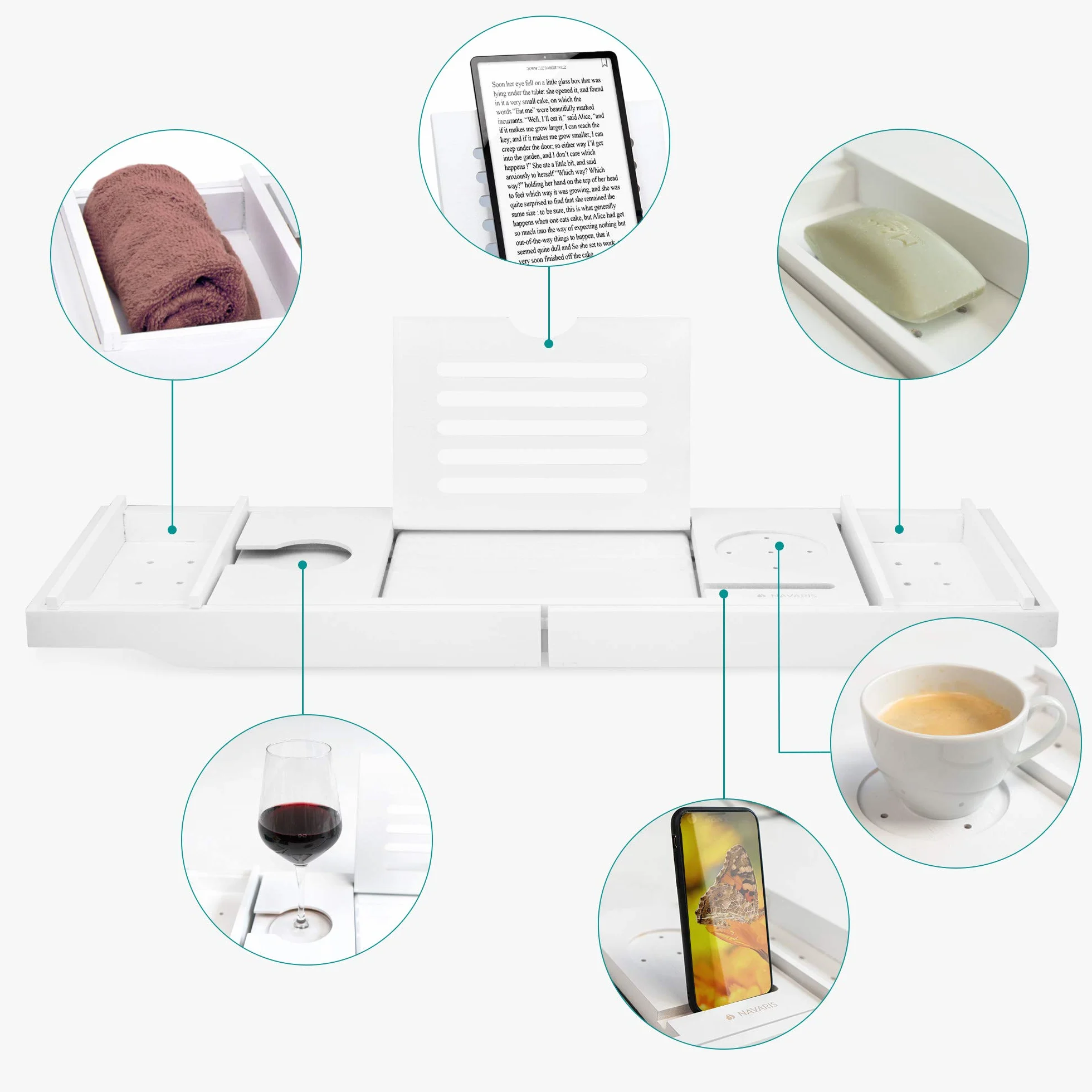 Navaris Vassoio Vasca Colazione Letto - Mensola Vasca da Bagno in bambù - Mensola Allungabile 75cm-108cm con Leggìo Integrato Vani Laterali - Bianco