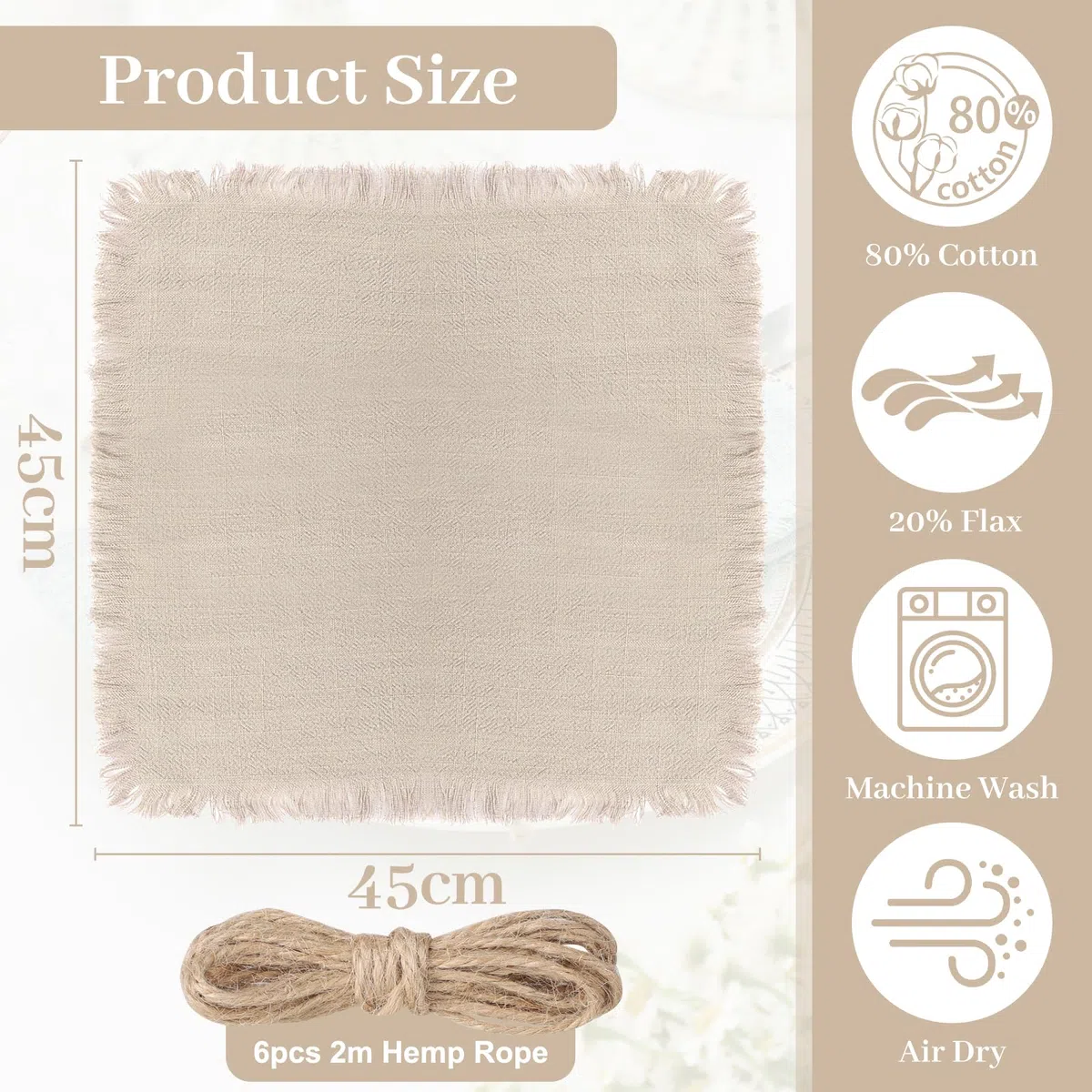 LALAGO 12pcs Tovaglioli Stoffa 45x45cm, Tovaglioli di Stoffa con Frange, Tovaglioli di Lino Cotone Lavabili Riutilizzabili per Matrimoni, Hotel, Ristoranti, Eventi e Feste Beige