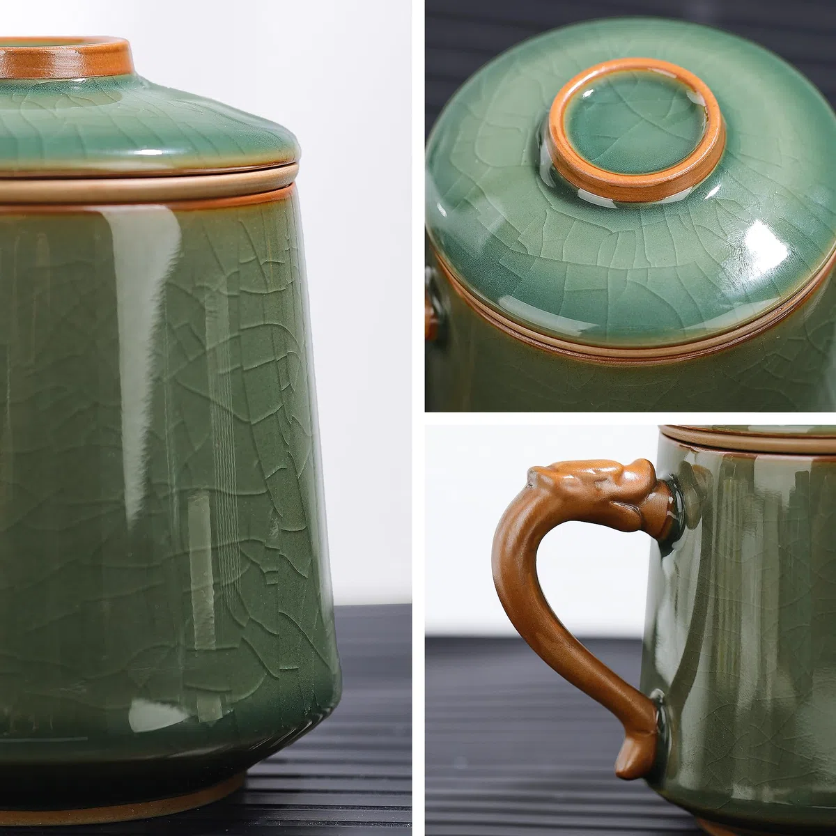 fanquare Tazza da Tè in Ceramica con Infusore e Coperchio Tazze da Tè Cinesi a Smalto Verde Tazza Grande per la Macerazione del Tè per Regali Casa 450ml