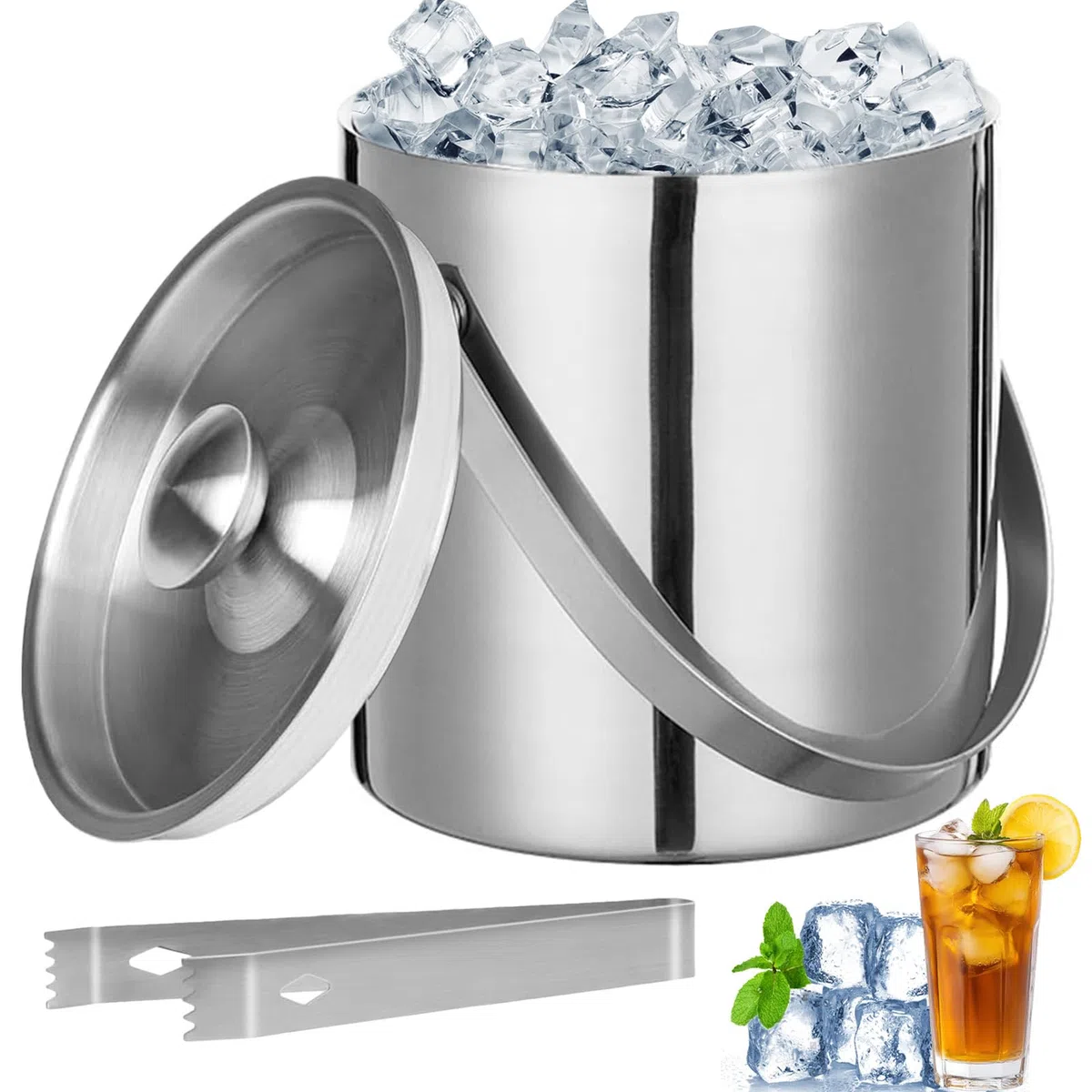 3L Secchiello Ghiaccio Acciaio Inox con Coperchio Pinze Filtro, Portaghiaccio Isolante Parete Doppia, Secchio Raffreddamento Vino, Contenitore Ghiaccia Champagne per Bar Casa, Feste, Bevande, Cocktail