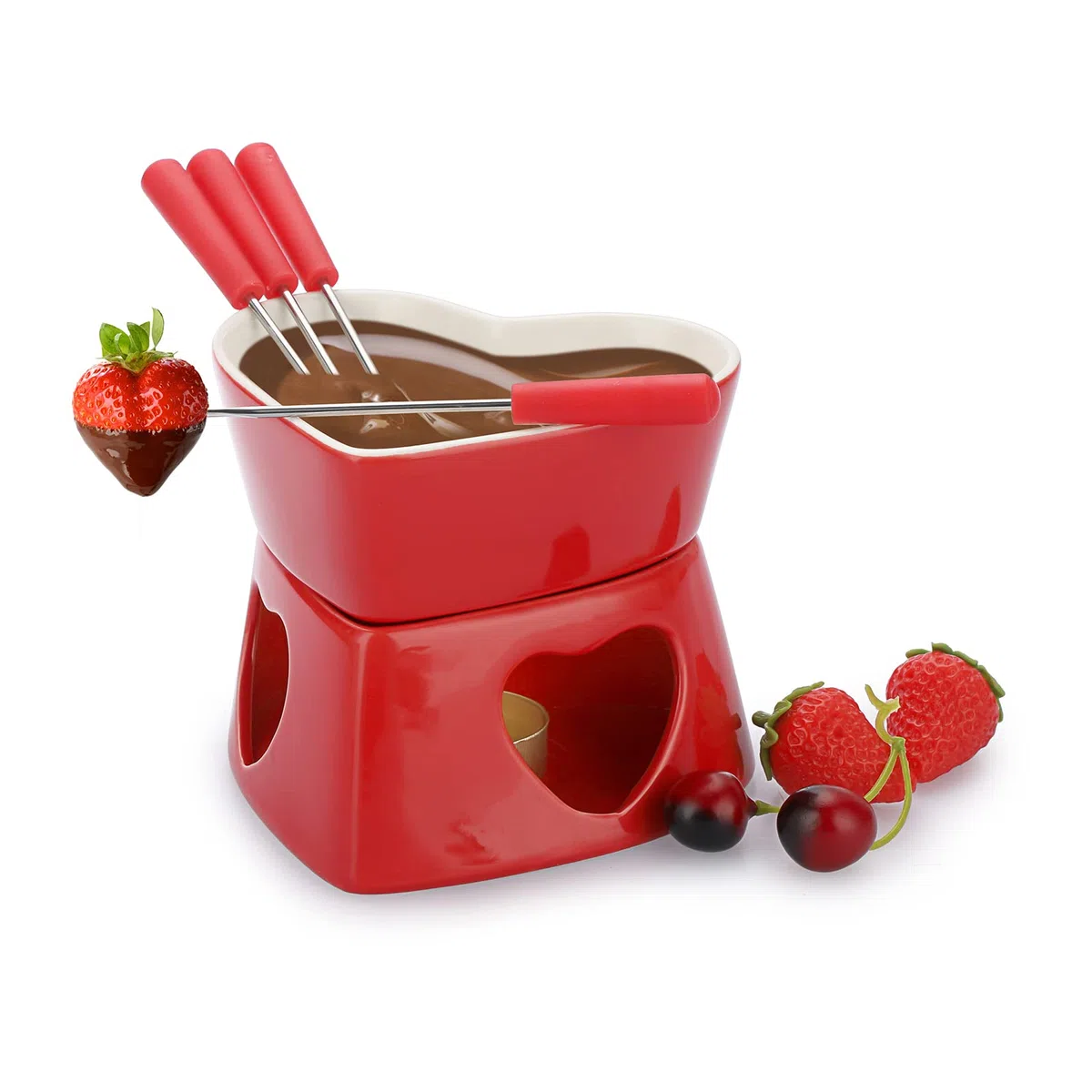 Set per fonduta di cioccolato in ceramica TOLIDA, pentolino a forma di cuore, pentola per fonduta di cioccolato e formaggio in porcellana con 4 forchette, 320 ml, mini bruciatore resistente al calore