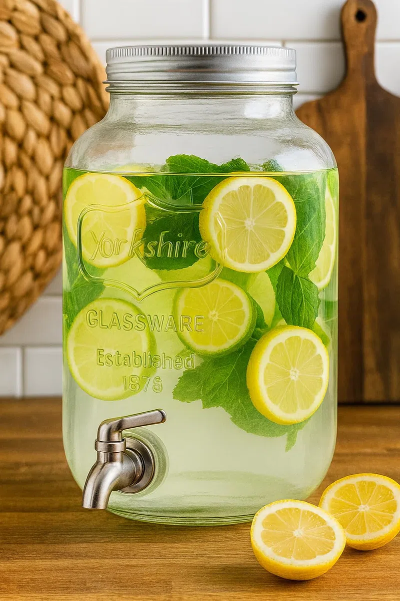 Dispenser in Vetro per Bevande 4L con Rubinetto in Plastica Cromata Lavabile in Lavastoviglie Ideale per Feste Aperitivi e Campeggio 14 x 14 x 26 Cm Trasparente (Rubinetto In Plastica)