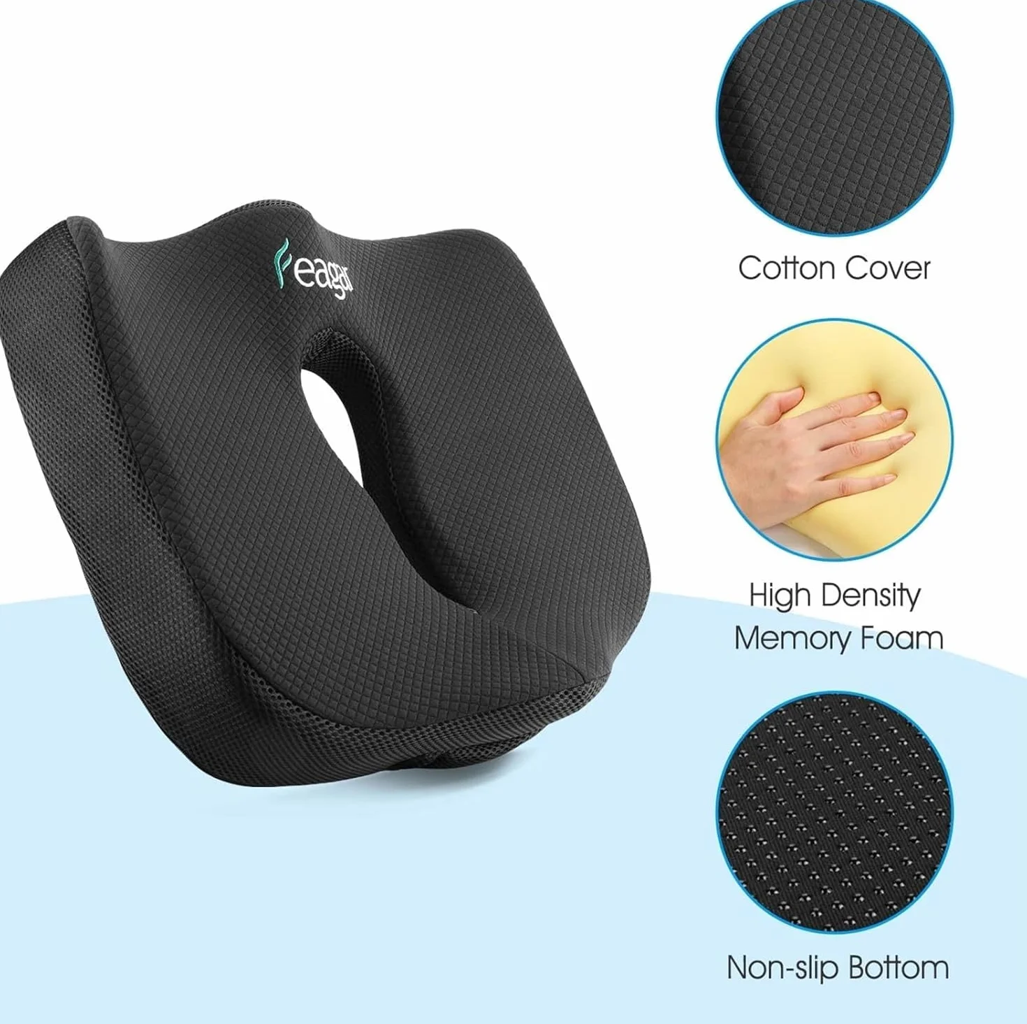 Feagar Cuscino per Sedile - Cuscini Ergonomico Sedile per Coccige Sciatica Lombare - Cuscino Memory Foam per Ufficio Casa Auto Sedia a Rotelle, Nero