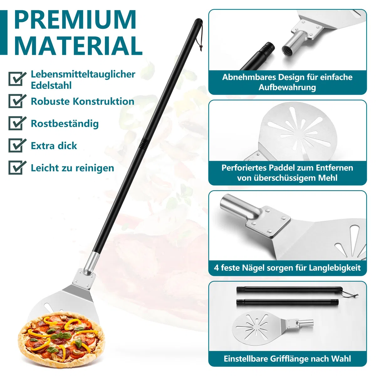 Herogo Pala per pizza, 9 pollici in acciaio inossidabile forato, accessorio in metallo con manico rimovibile, superficie liscia e sicuro per il forno, 9 pollici