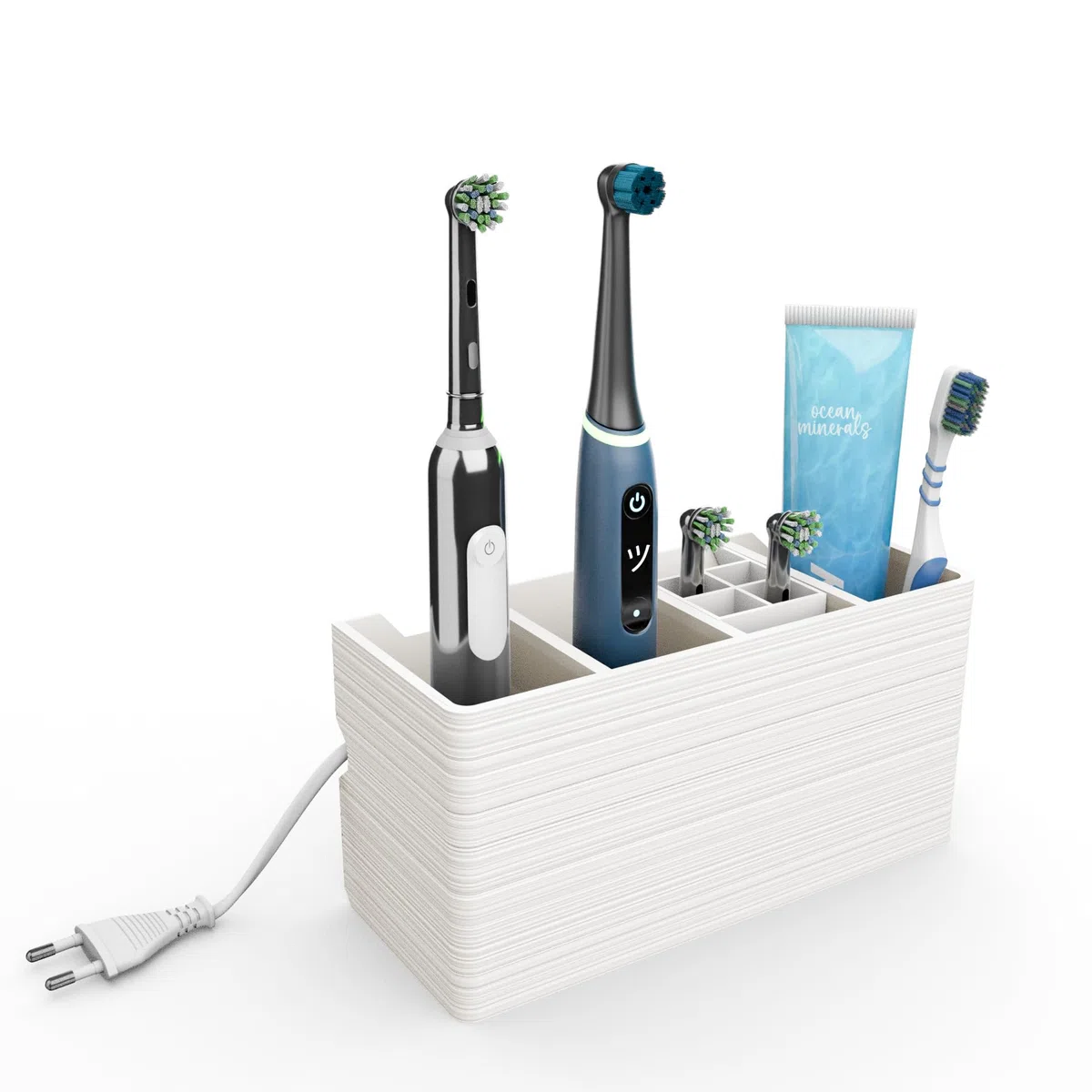 Portaspazzolino con gestione dei cavi per spazzolini elettrici, nasconde i cavi, 24,3 x 9,3 x 11,5 cm, con integrazione dei cavi, 4 scomparti, montaggio a parete o autoportante (bianco, 4 scomparti)