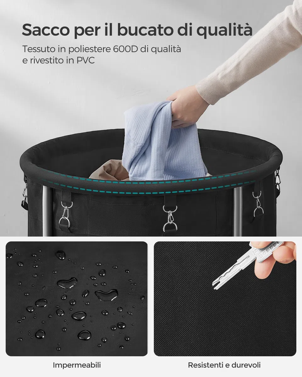 SONGMICS Cesto Portabiancheria con Ruote, Cesta per il Bucato, 170L, Cesto Rotondo con Struttura in Acciaio e Sacco Rimovibile, 4 Ruote e 2 Freni, Nero e Argento RLS001B01