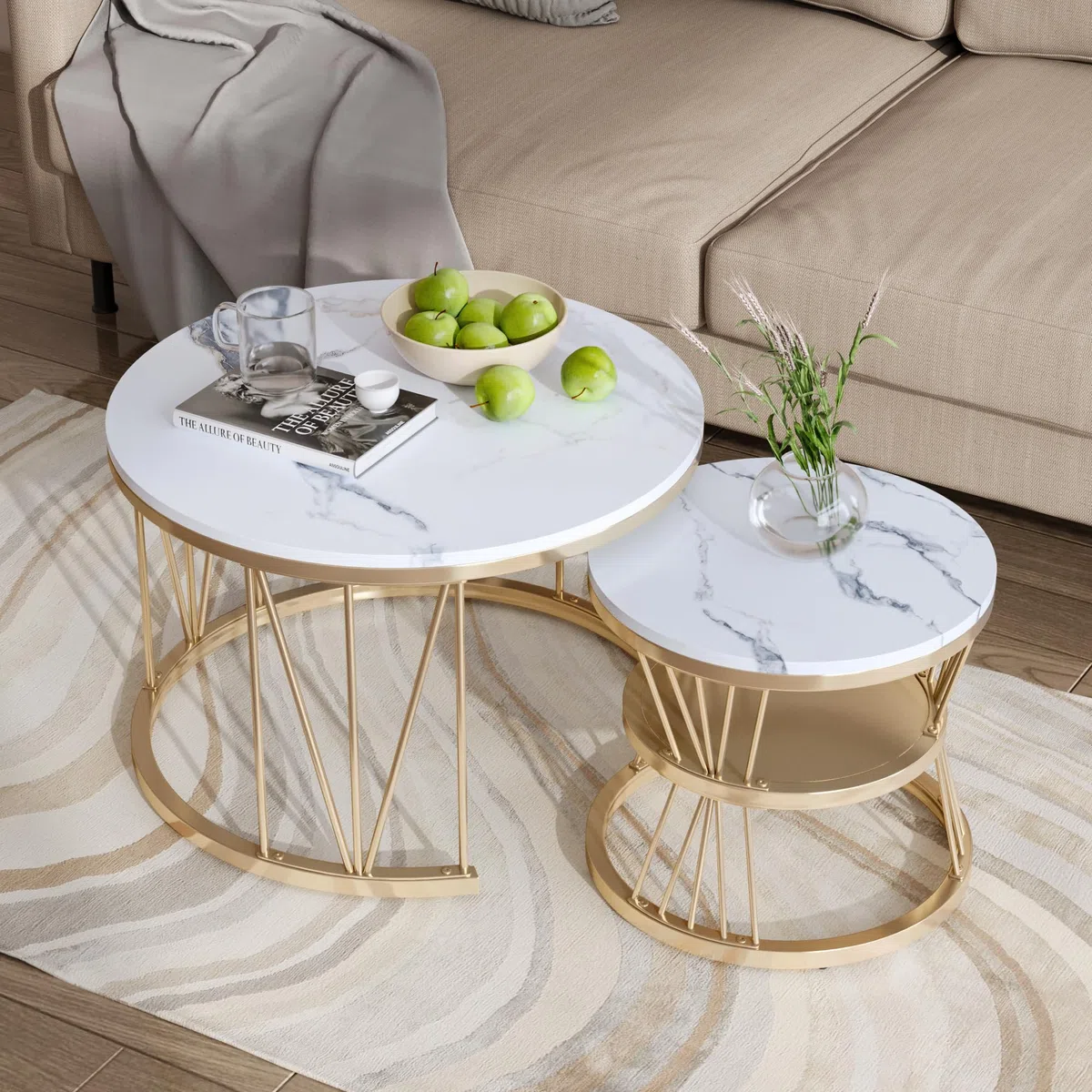 Set di 2 Tavolini Nido da Salotto Rotondi, Tavolino Salotto Marmo Staffa Metallica, 70×70×45 cm+45×45×40 cm, Set 2 Tavolino Soggiorno Moderno Impilabile, Tavolini Ausiliari per Salotto
