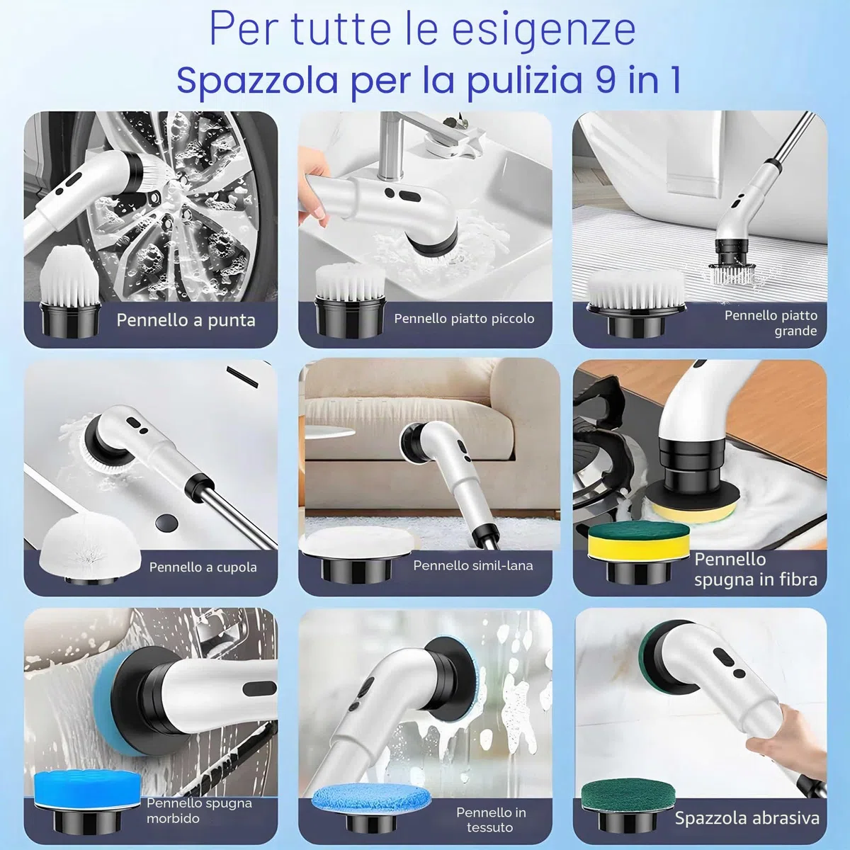Journeyside Spazzola Elettrica per Pulizia, Spazzola Elettrica Rotante con 9 Testine Sostituibili 3 Velocità di Rotazione,Spazzola Pulizia Doccia,per Bagno,Piastrelle,Cucina e Auto, IPX7