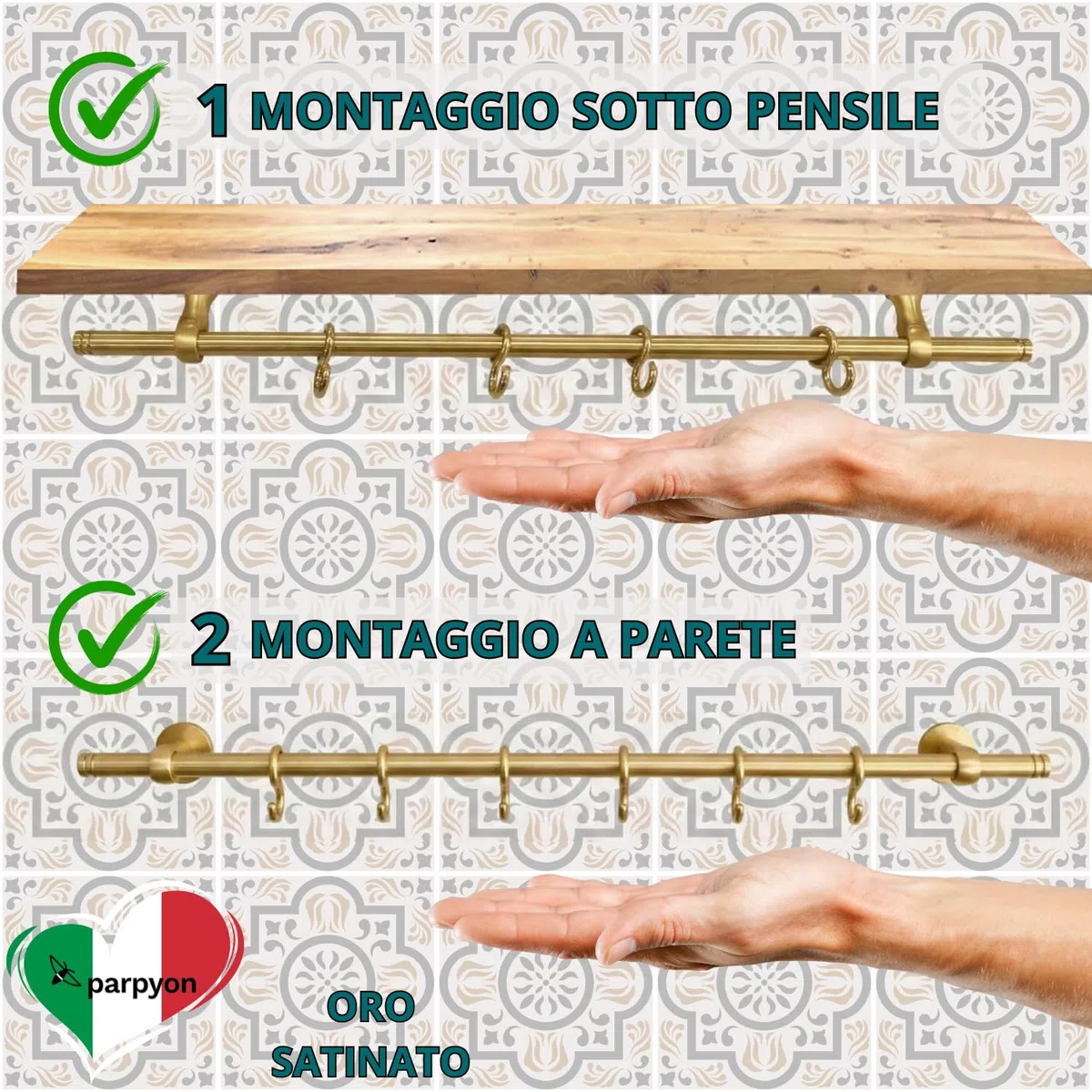 parpyon Porta Utensili da Cucina con Ganci, Barra Portautensili Cucina in Alluminio Porta Mestoli da Cucina per Gadget da Cucina Coperchio Mestolo (Oro Satinato, CM 100)