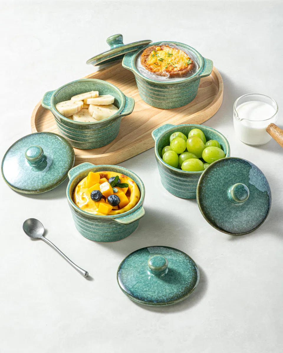 HENXFEN LEAD Mini Cocottes in gres porcellanato, 230 ml, pirottini per souffle con coperchio, set da 4 piccoli pirottini per casseruola, Verde Lucido