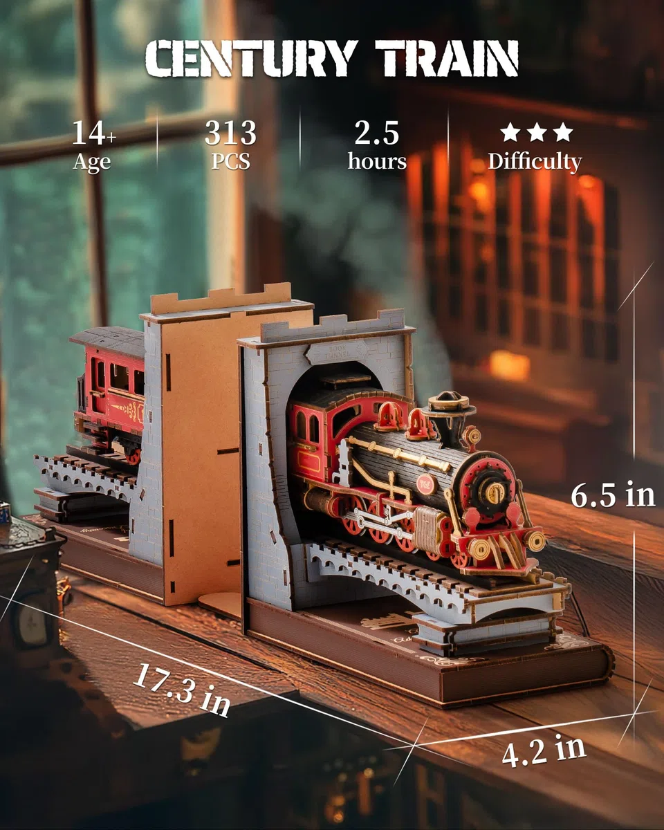 ROBOTIME Fermalibri Book Nook Kit, Puzzle 3D Modellini da Costruire Adulti Treno, Regali per Adulti e Bambini, Decorazione per Libreria