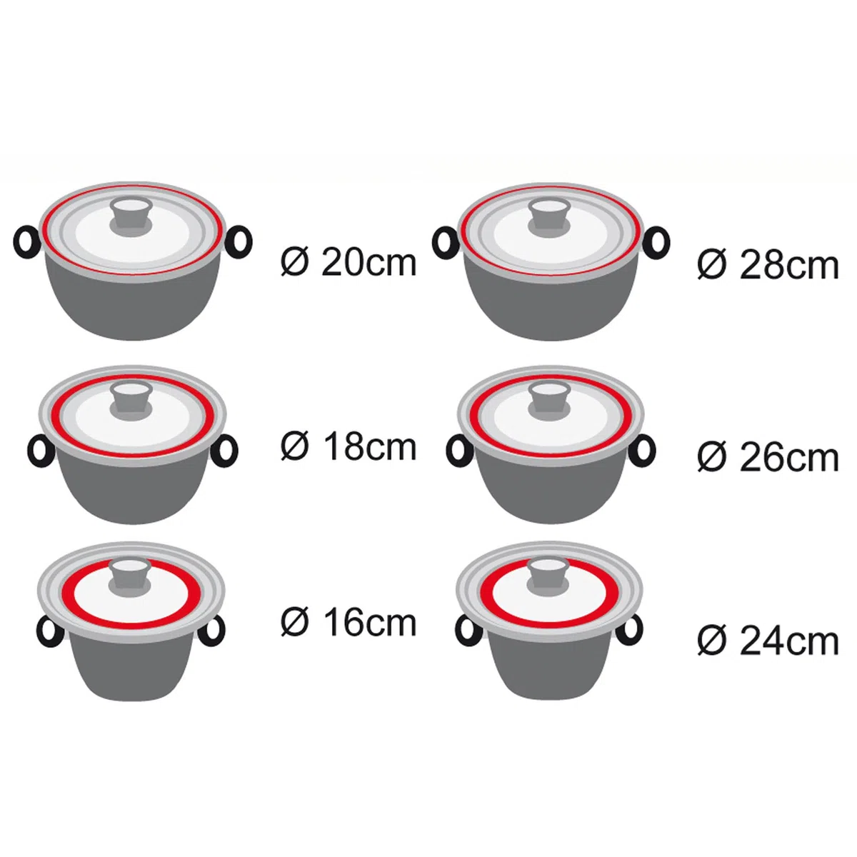 STONELINE 3 in 1 Coperchio Universale Set 2 Pezzi per Pentole e Padelle da 16/18/20 e 24/26/28 cm Coperchio in vetro Universale Bordo Silicone Platino Graduato, Resistente al Calore, 6 Misure, Nero