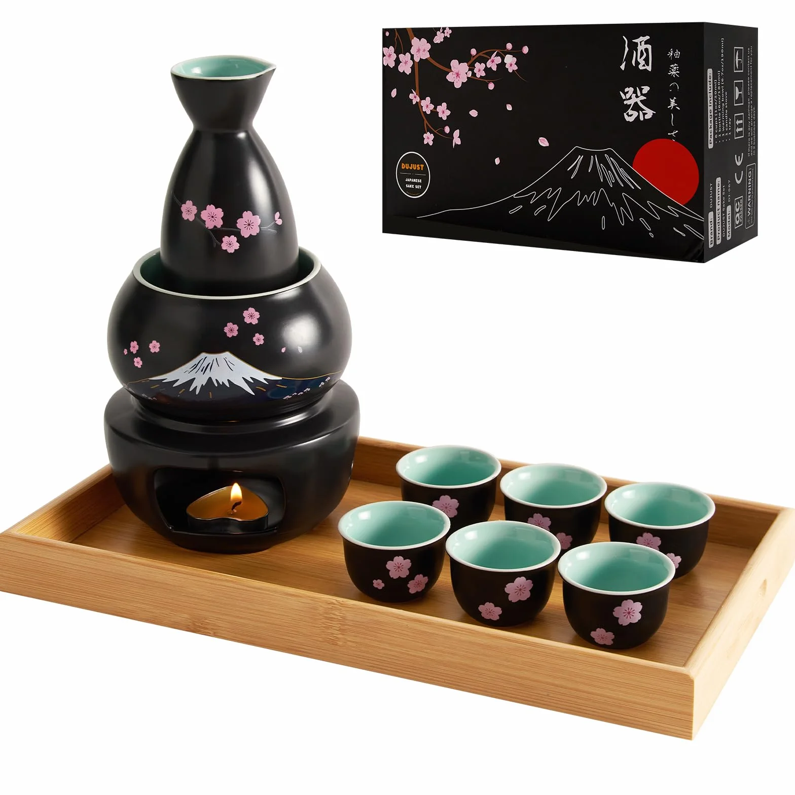 DUJUST Set da sake giapponese da 10 pezzi con scaldino, set da sake in porcellana con disegno Sakura & Fuji, 6 tazze da sake, 1 bottiglia, 1 scaldino, 1 fornello a candela, 1 vassoio e 1 scatola, Nero