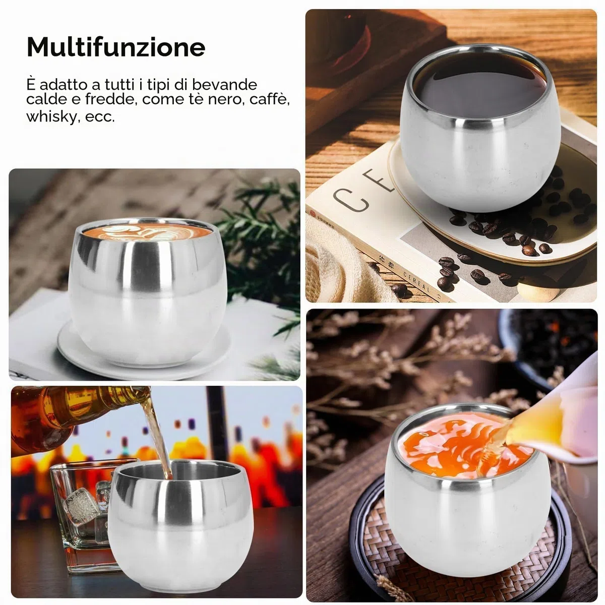 Cyrank Set di 4 Pezzi Tazzine da Caffè in Acciaio Inox,150 ml Tazza con Isolamento A Doppia Parete,Tazze Isolanti Sottovuoto Infrangibili Tazze da Tè Impilabili per Il Campeggio,Bicchieri per Birra