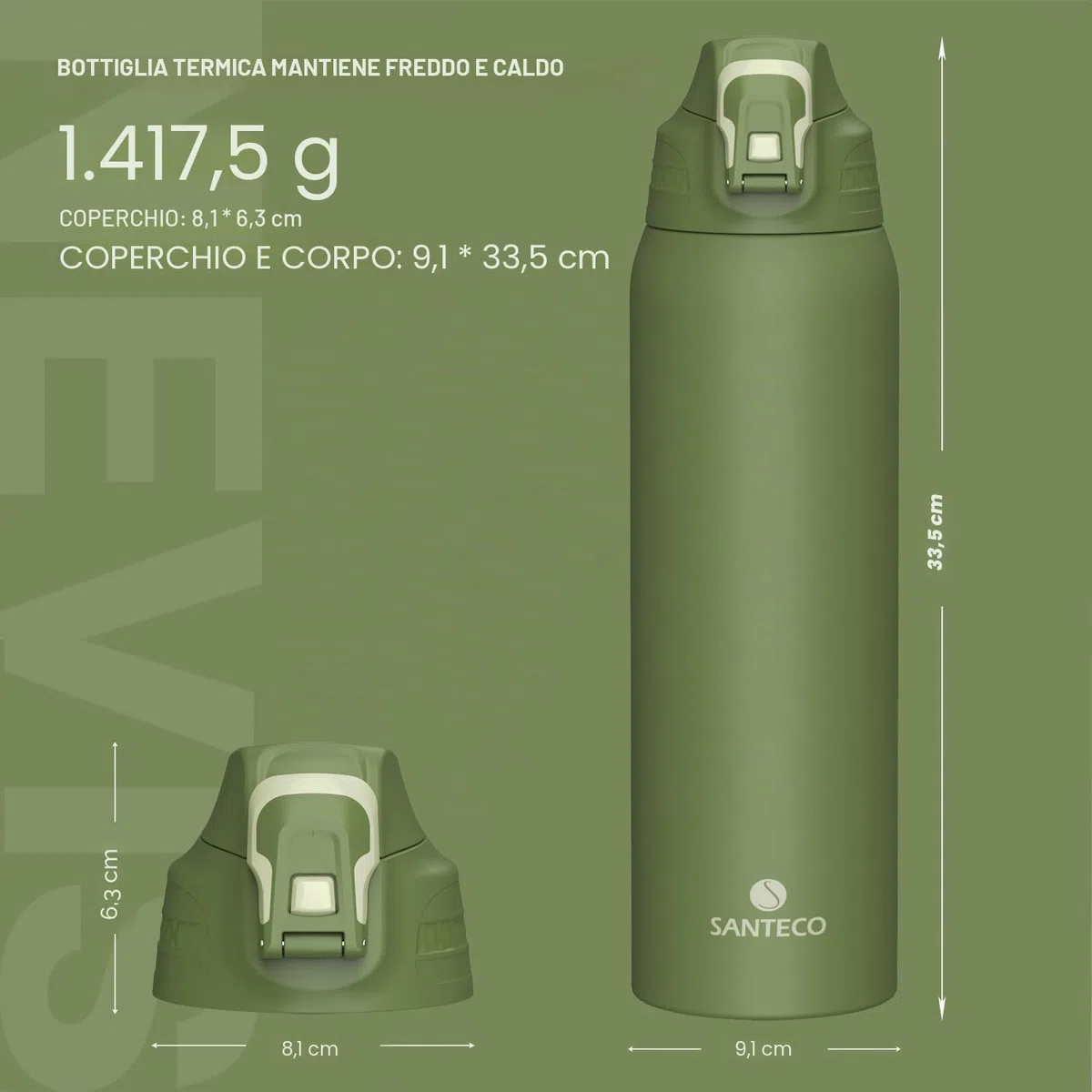 Santeco, borraccia con blocco di sicurezza anti-perdita, thermos in acciaio inossidabile da 1,5 l, senza BPA, con borsa da trasporto, bottiglia termica per acqua, adatta per il lavaggio in