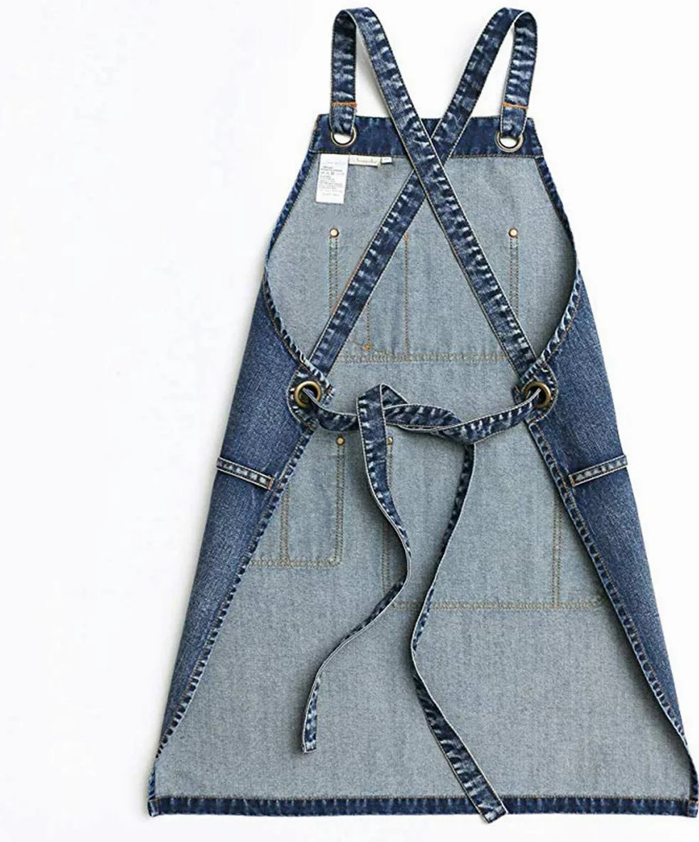 Grembiule unisex in denim blu, per parrucchieri, artigiani, baristi, barbecue, con comode tasche, per uomini e donne