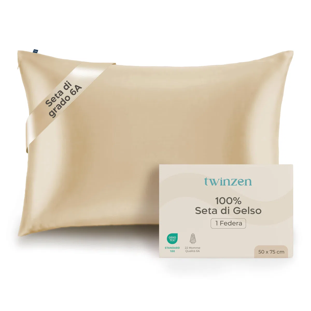 Twinzen Federa in Seta 100% di gelso 50 x 75 cm (22 Momme Seta di Gelso - Grado 6A) Certificata Oeko-Tex - Lusso per i Capelli e la Pelle - 1 Pezzo Avorio
