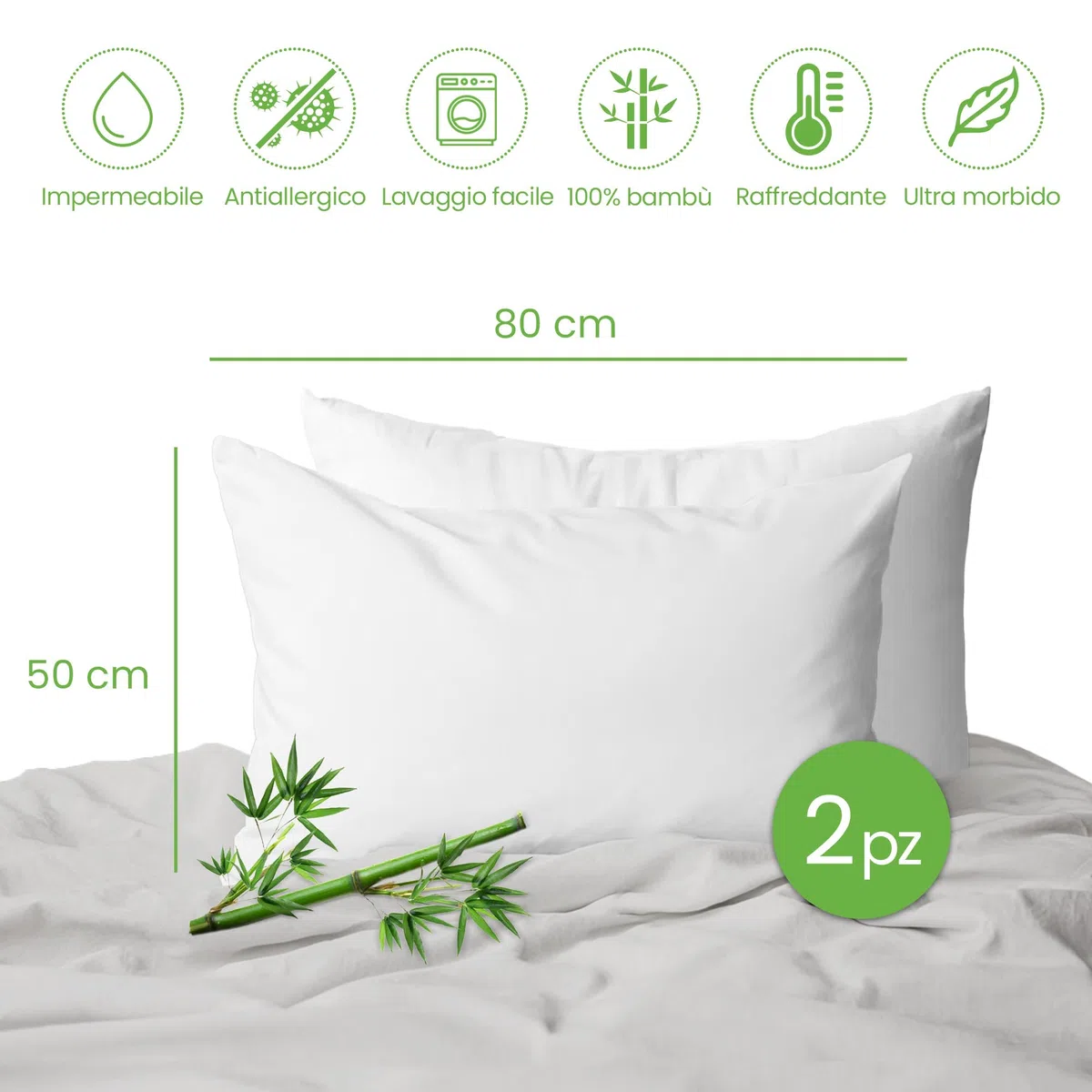 Copricuscino Impermeabile 50x80 cm – Copri Cuscino Antiacaro Anallergico Tre Strati Con Zip – 2 Pezzi Copricuscini – Coprifedere Cuscini Letto Traspiranti