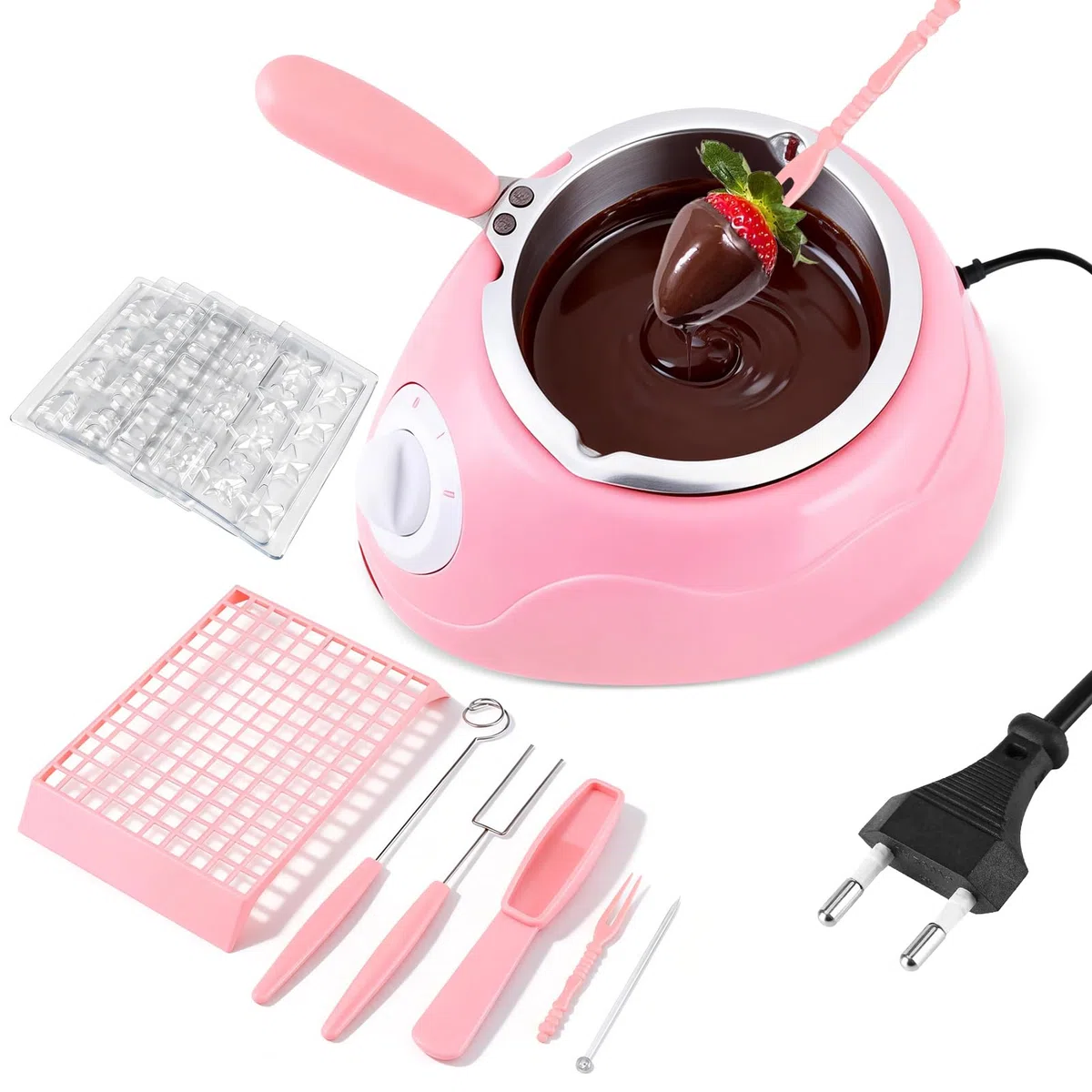 Scioglie Il Cioccolato Elettrico, Set per fonduta di cioccolato elettrico con 10 forchette, 2 temperature per sciogliere e mantenere in caldo, Kit fai da te per sciogliere il cioccolato(Rosa)