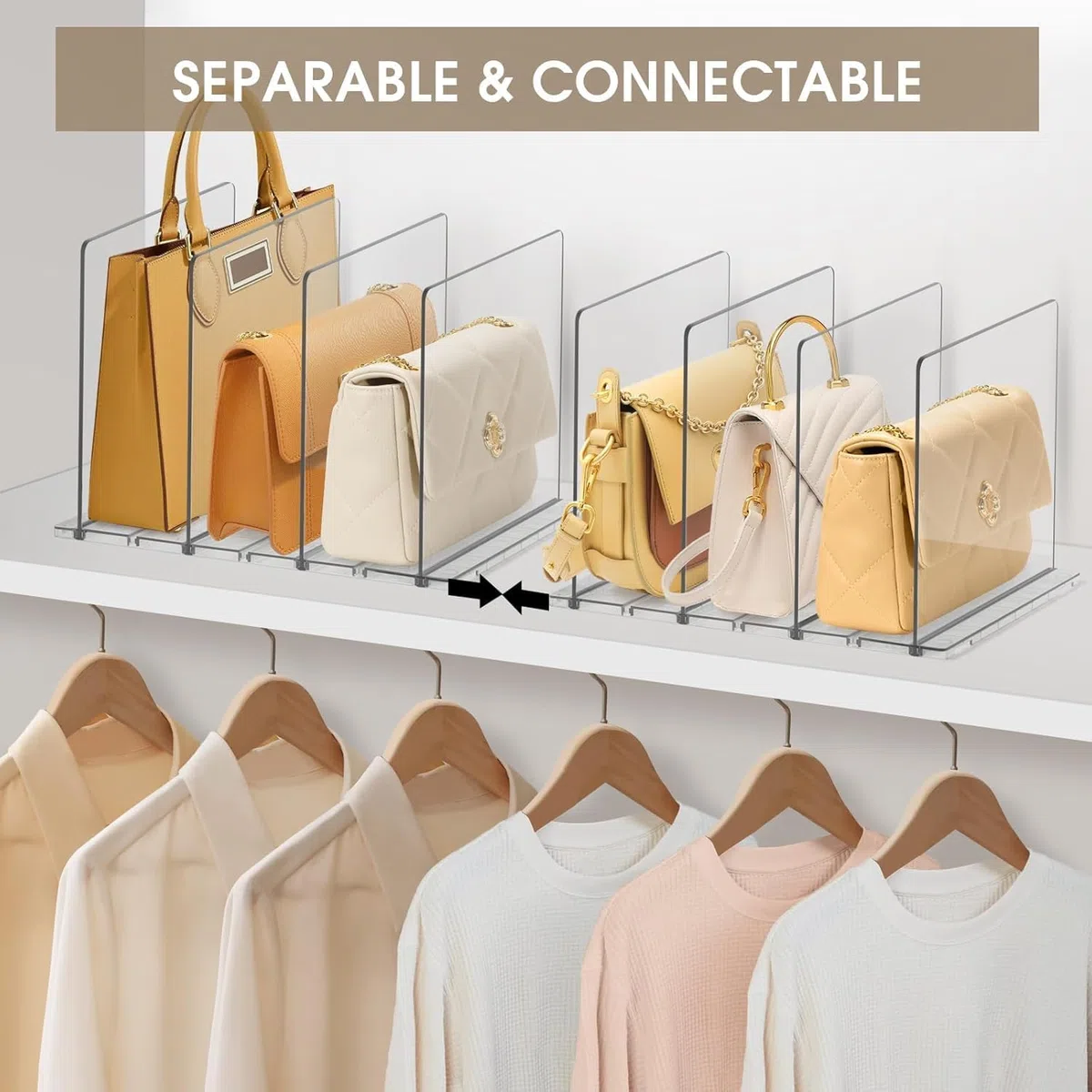 DoubleCare 8 Pezzi Organizer per Borse, Mensole Guardaroba，Divisorio per Ripiani in Acrilico TrasparenteSeparatori per Armadi Regolabili con Base, Perfetto per Borse, Cucine, Librerie, Armadi