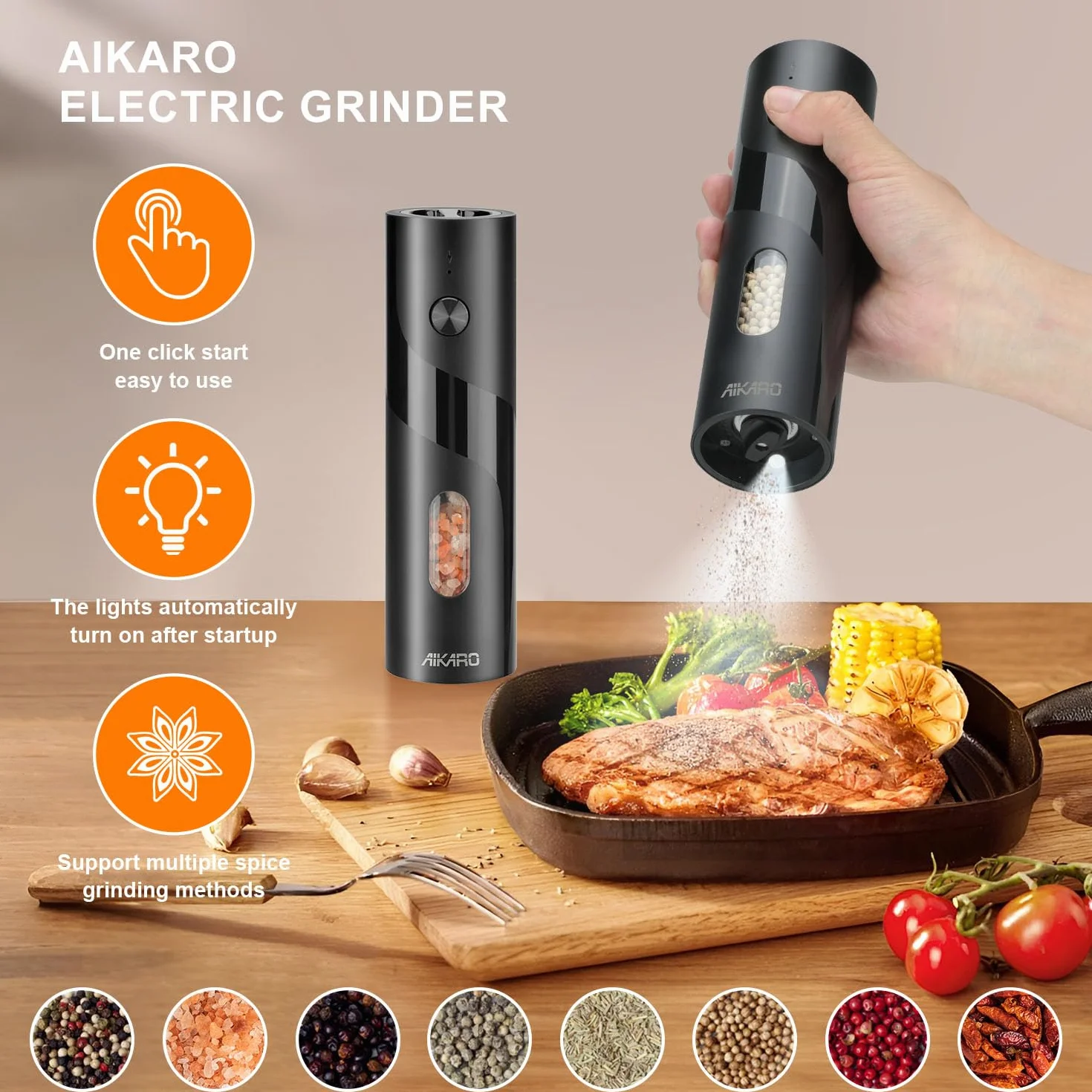 AIKARO - Macchina per sale e pepe elettrica Grancino automatico per spezie, Ricaricabile (Set)