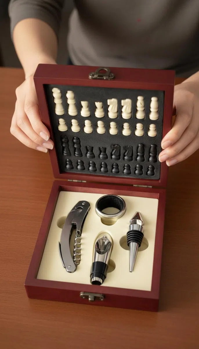 Set Accessori Vino in Scatola di Legno con Scacchiera – Cavatappi, Apribottiglie, Kit Sommelier Completo – Idea Regalo Elegante per Amanti del Vino e degli Scacchi