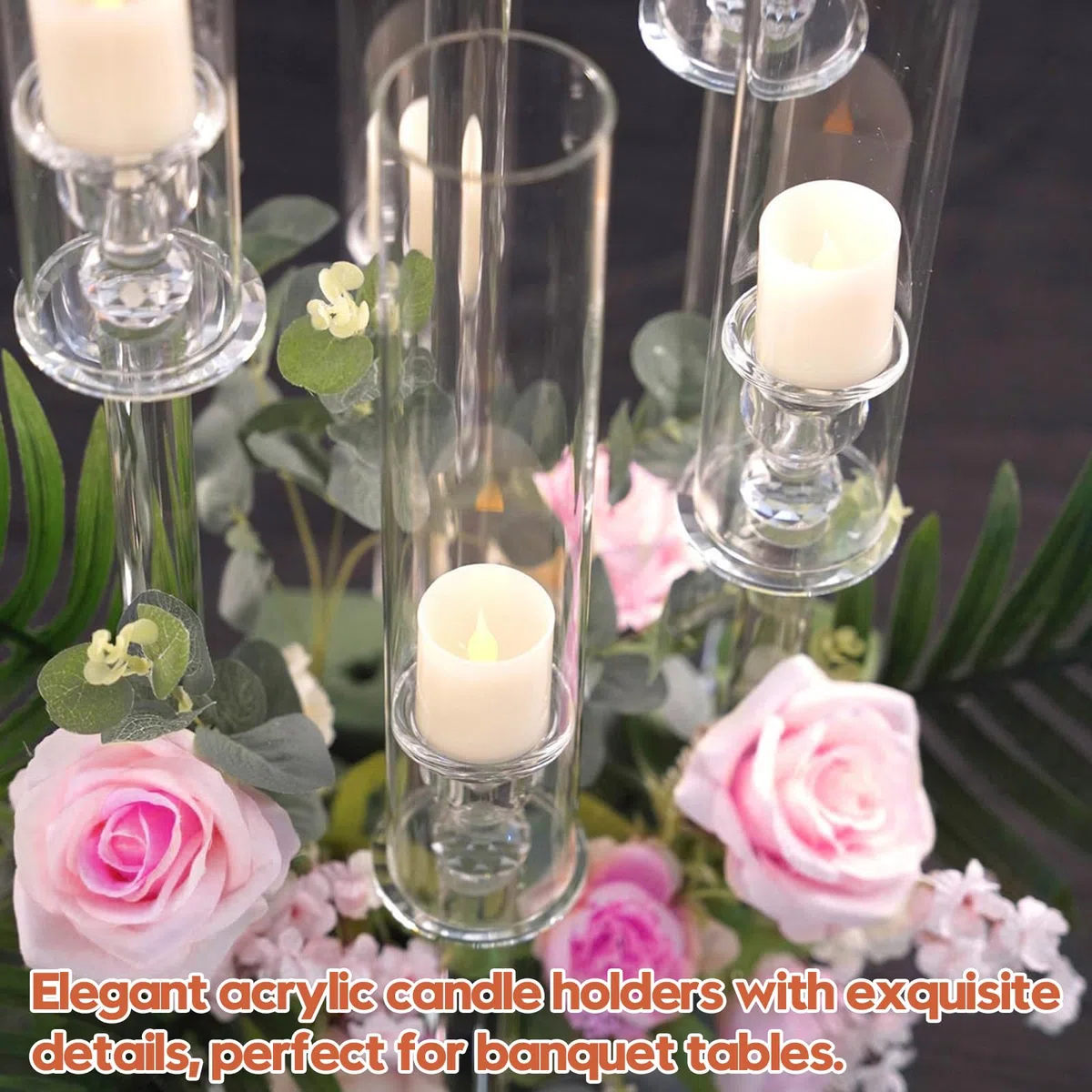 Candelabro Singolo in Acrilico 5 Bracci, Portacandele Alto 58 cm, Centrotavola per Matrimonio e Natale, Decorazione per Tavolo Camino o Festa, per Candele LED 2 cm