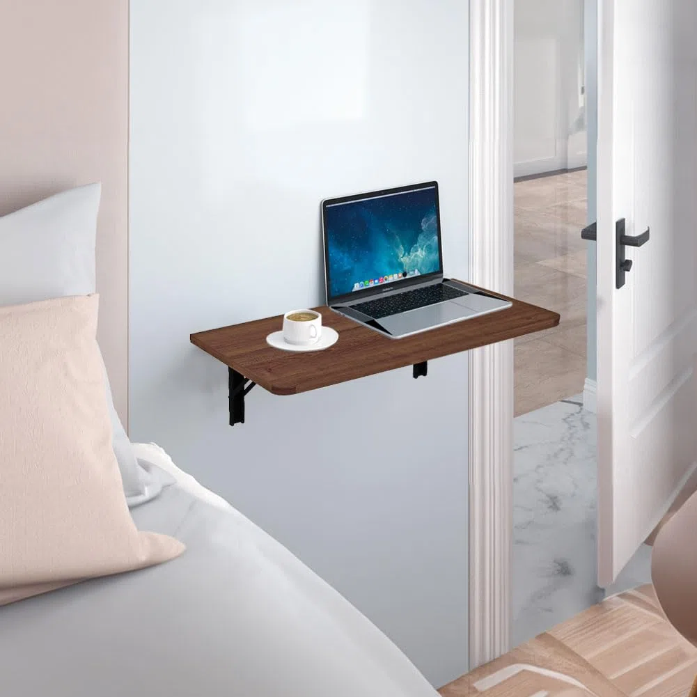 Shally Dogan Tavolo da Parete Pieghevole 80 x 60 cm in Legno, Scaffale a Muro Richiudibile Salvaspazio Versatile, Scrivania Porta Pc, Tavolino da Pranzo, Soggiorno, Salotto, Bagno, Cucina (Noce)