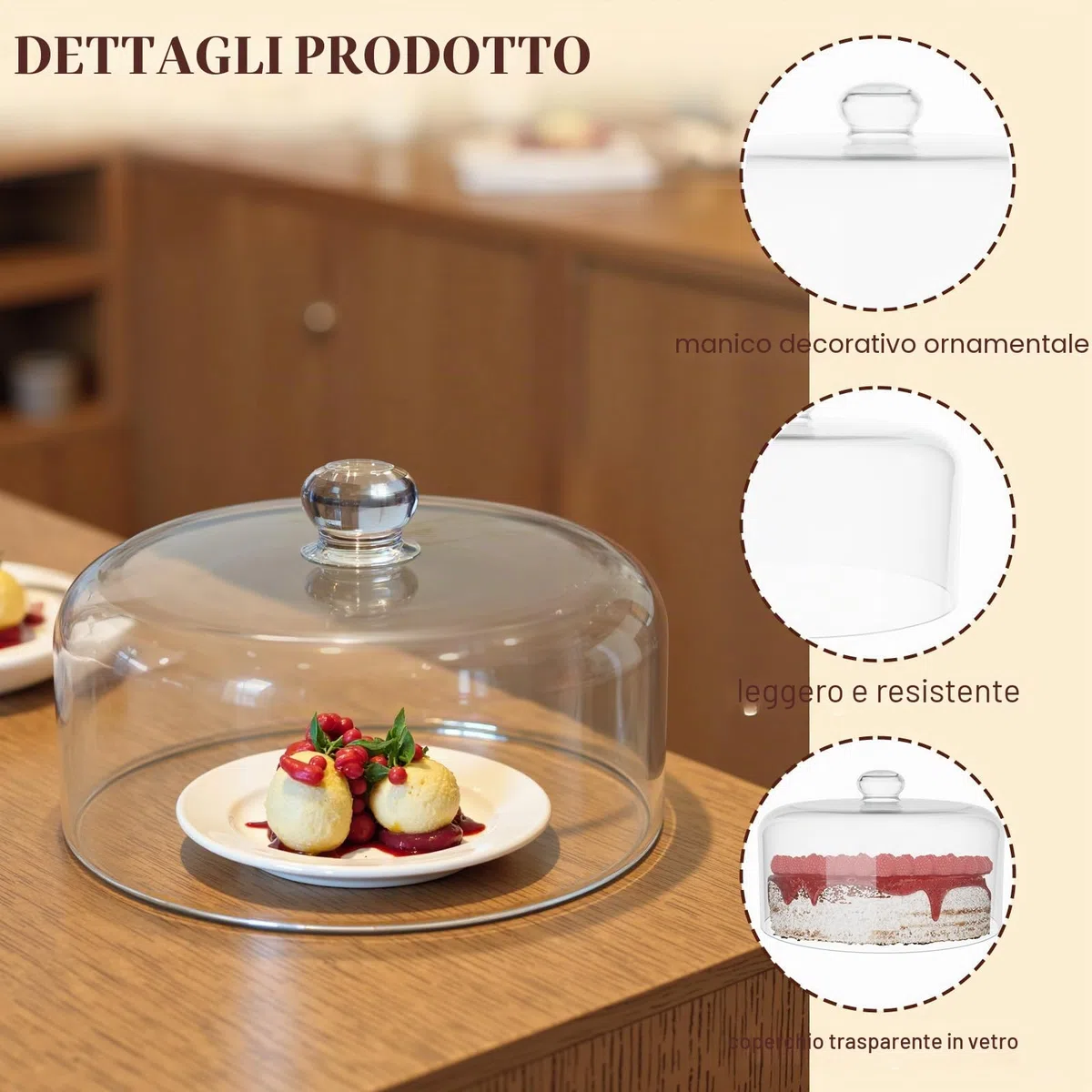 Copertura per torta in vetro da 27,9 cm, per alzata per torte, trasparente con coperchio a cupola in vetro per esposizione e protezione, adatta per cucina, compleanni e matrimoni