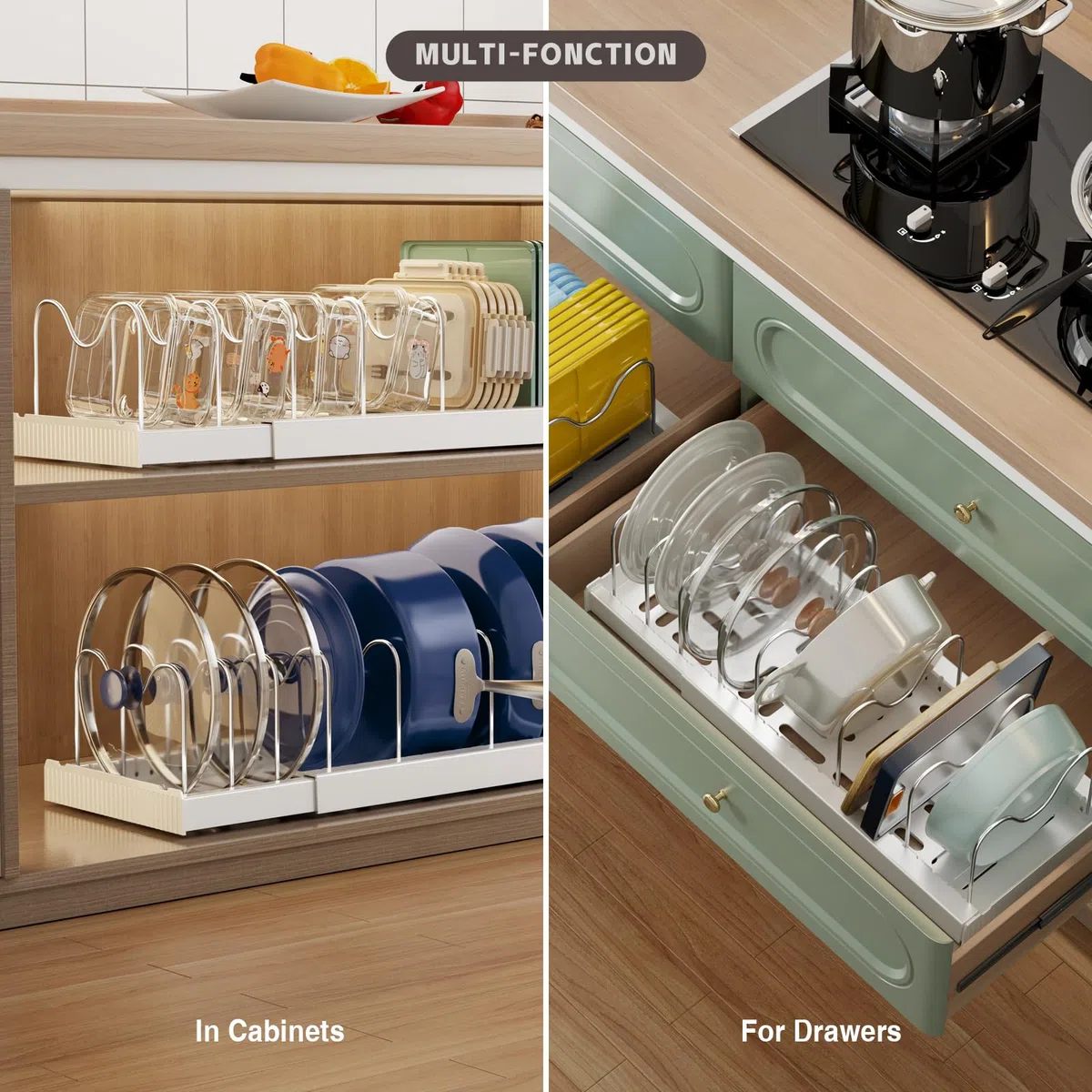 Magheo 2 Pezzi Porta Coperchi Pentole Salvaspazio, Espandibile Organizer Pentole e Padelle con 9 Divisori Regolabili, 32-57CM Organizer Cucina, Kitchen Pot Lid Storage Rack (Bianco)