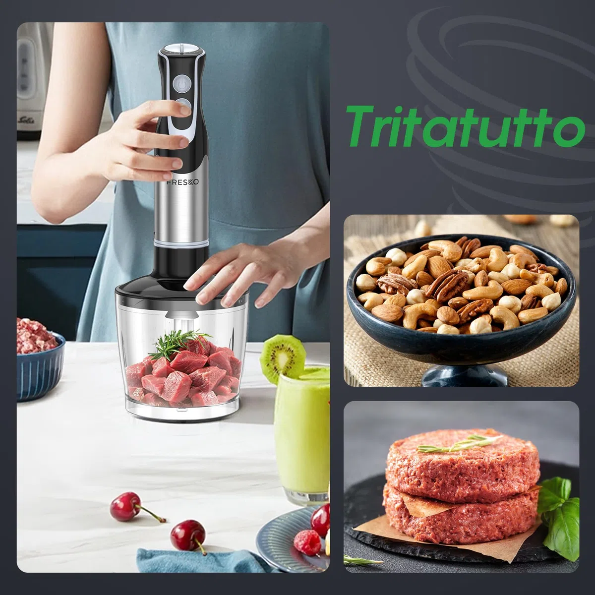 Frullatore a Immersione 4-in-1, 1000W Mini Frullatore a Mano in Acciaio Inossidabile 304, con 12 Velocità e Modalità Turbo, Antispruzzo Design, Include Misurino, Tritatutto e Frusta (HB3302)