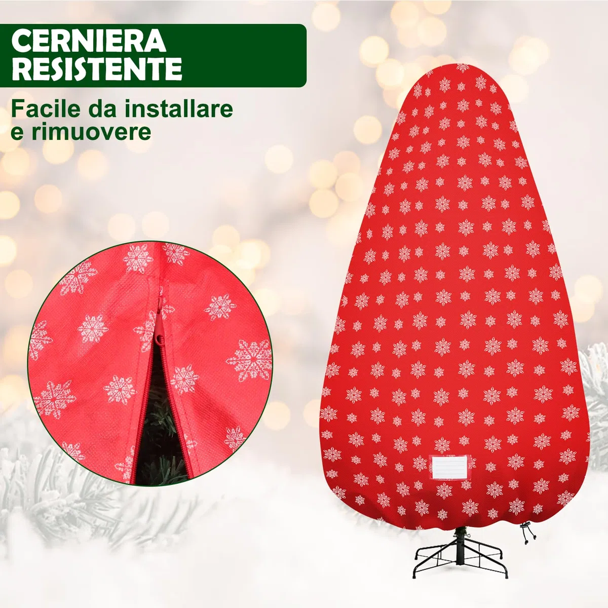 Borsa verticale per albero di Natale, copertura per albero di Natale con cinghie regolabili, resistente agli strappi, per alberi assemblati da 7,5 m, stampa neve rossa